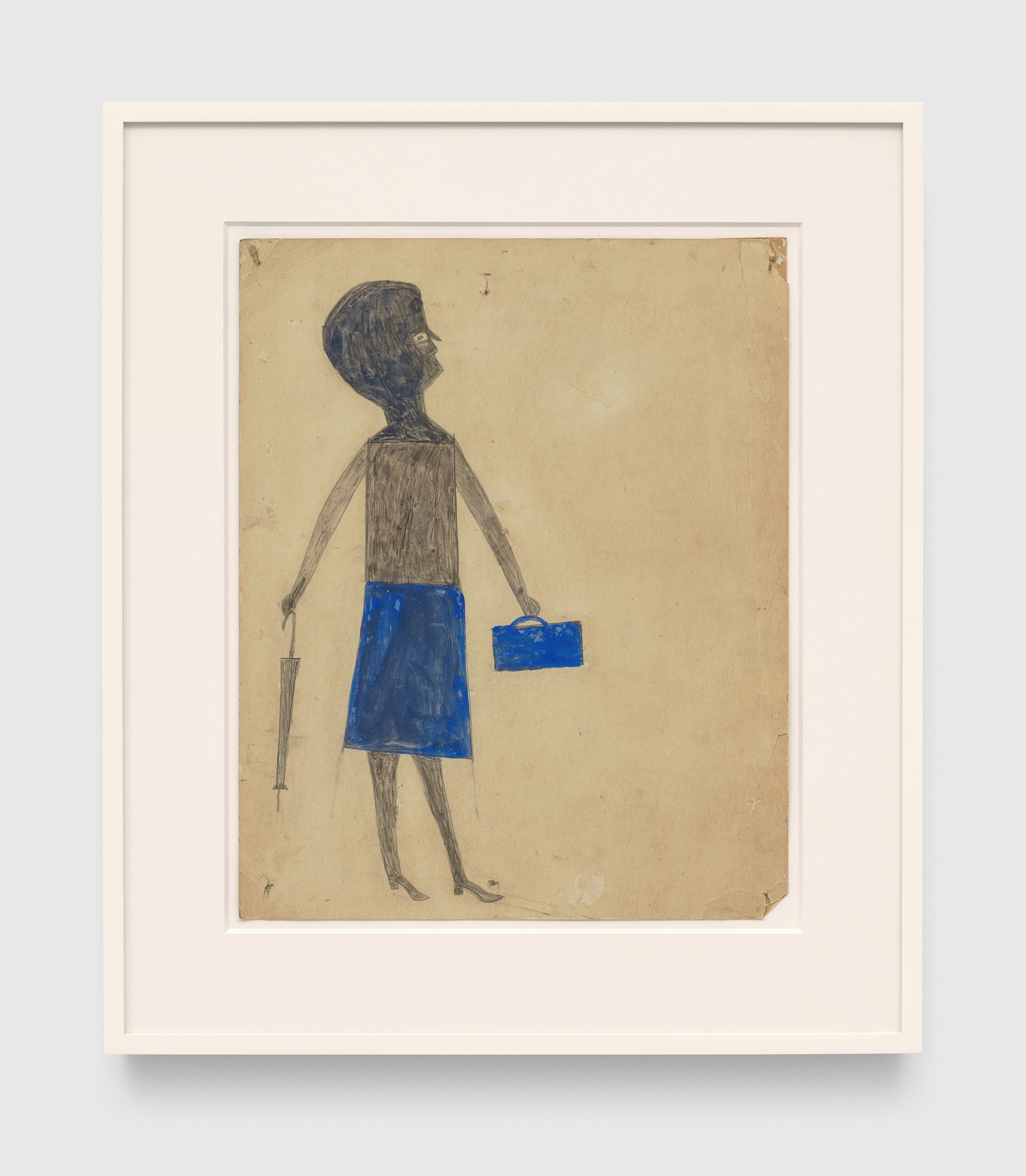 A drawing by Bill Traylor, titled Woman with Blue Purse and Umbrella, 1939 to 1942.