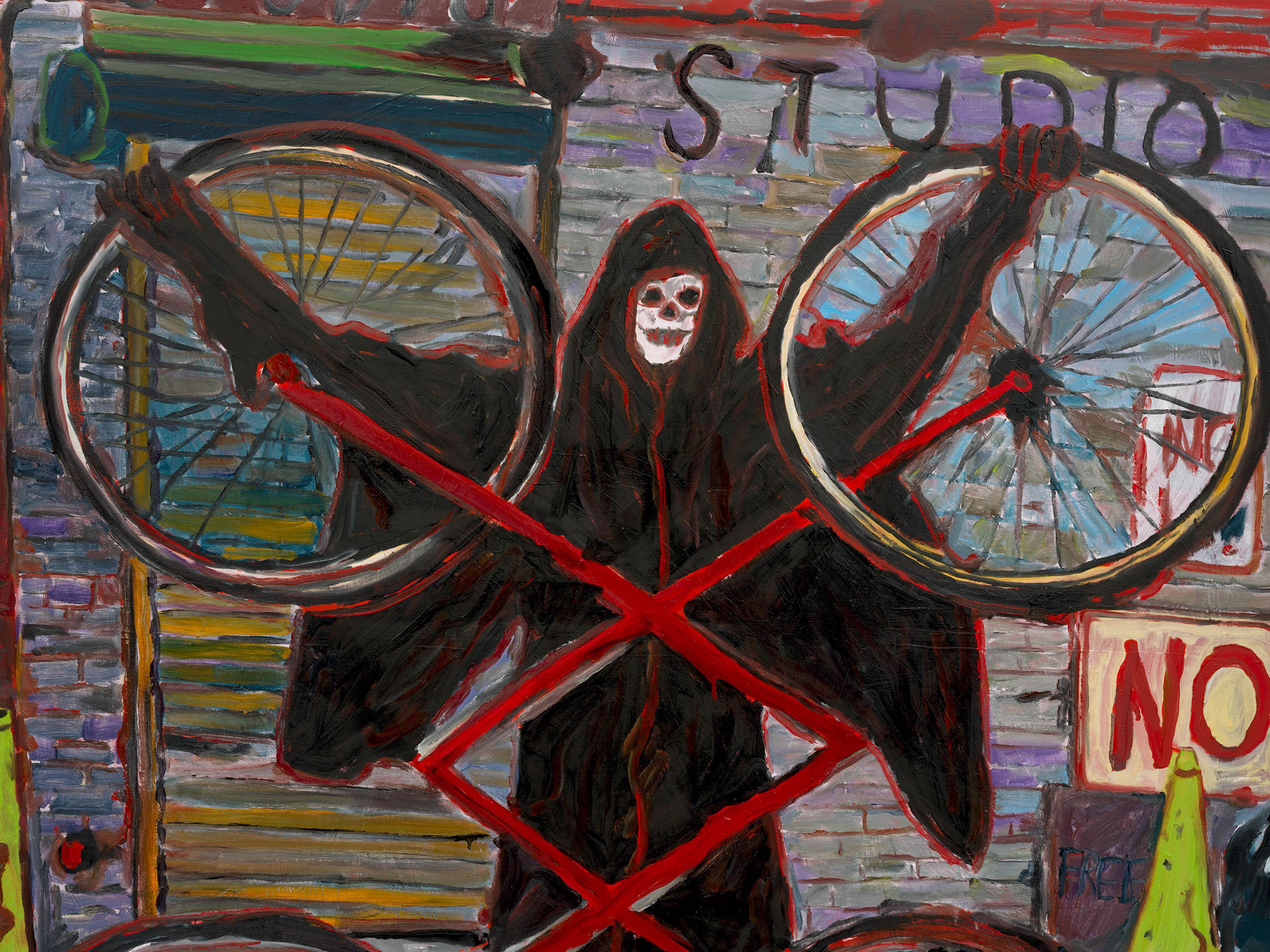 A detail from a painting by Josh Smith, titled Studio No, dated 2025.
