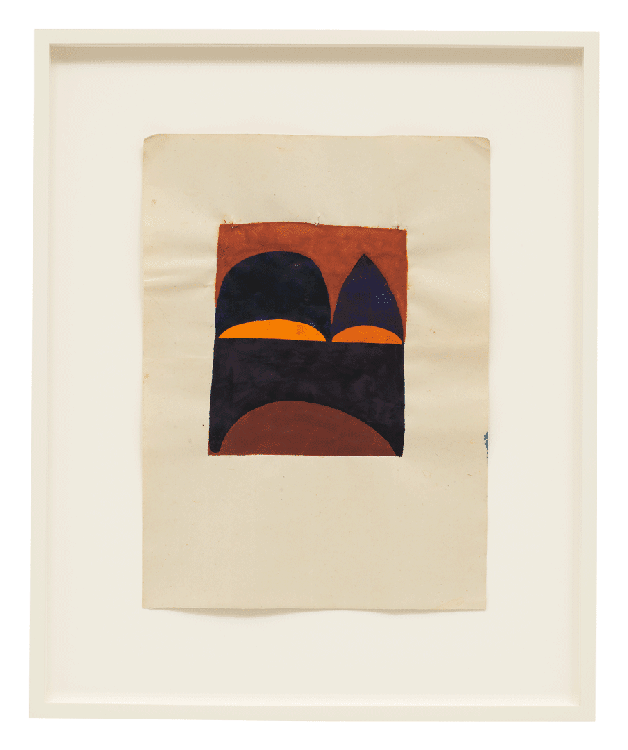A watercolor on agate-burnished old Indian ledger paper by Suzan Frecon, titled study for war 1 (from cathedral), dated 2012 and 2018.