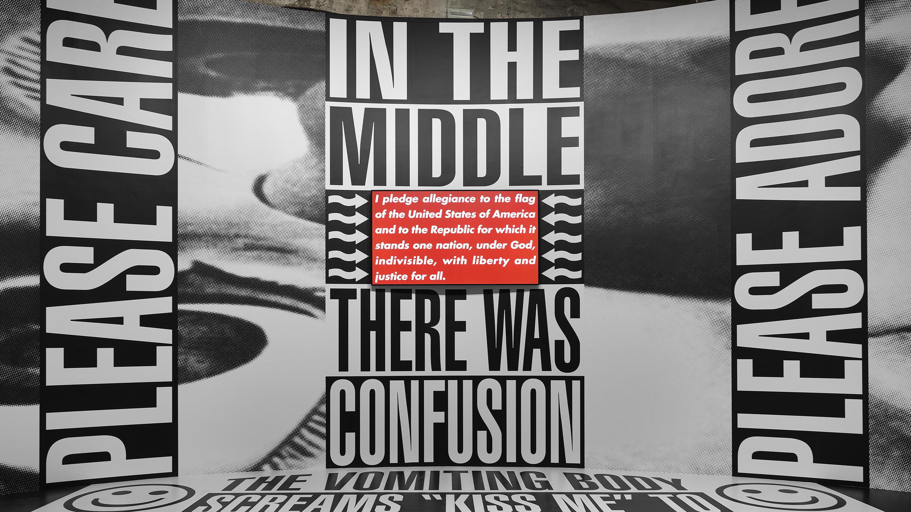 A close-up shot from the work by Barbara Kruger at the 59th International Art Exhibition of La Biennale di Venezia titled The Milk of Dreams, curated by Cecilia Alemani in 2022