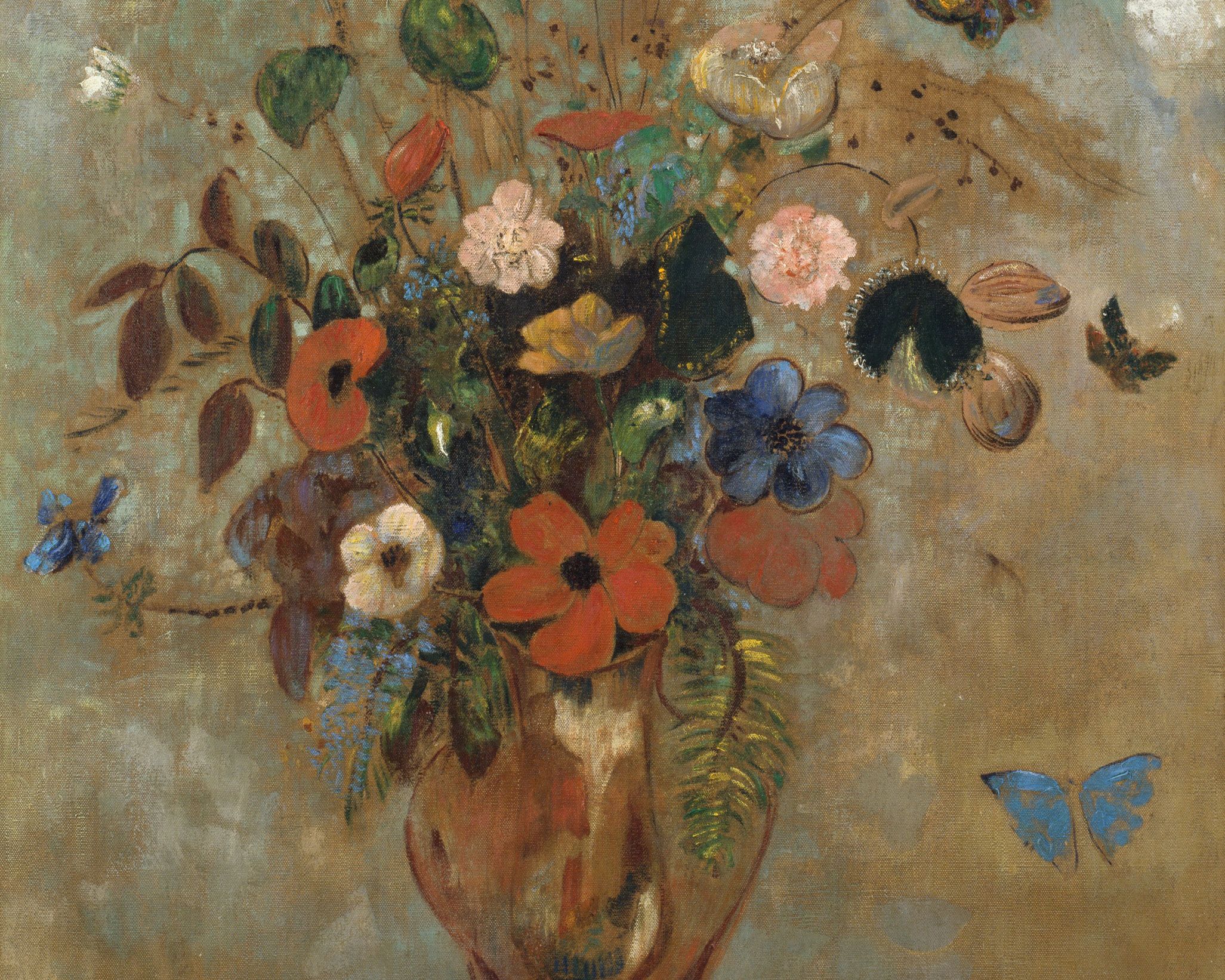 Detail of a painting by Odilon Redon, titled "Still Life with Flowers," dated 1905