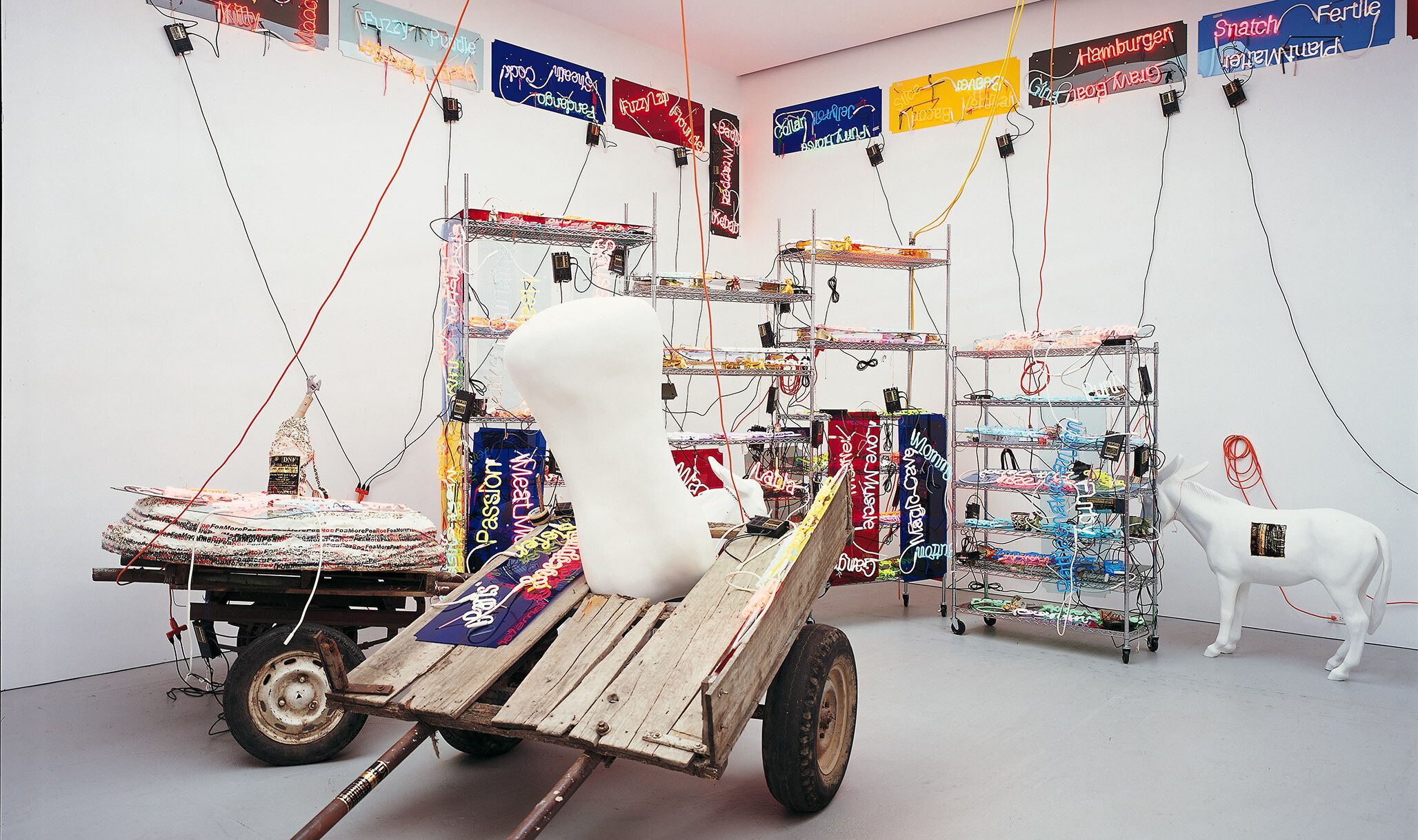 An installation view of an exhibition titled Jason rhoades: Meccatuna at David Zwirner, New York, in 2003.