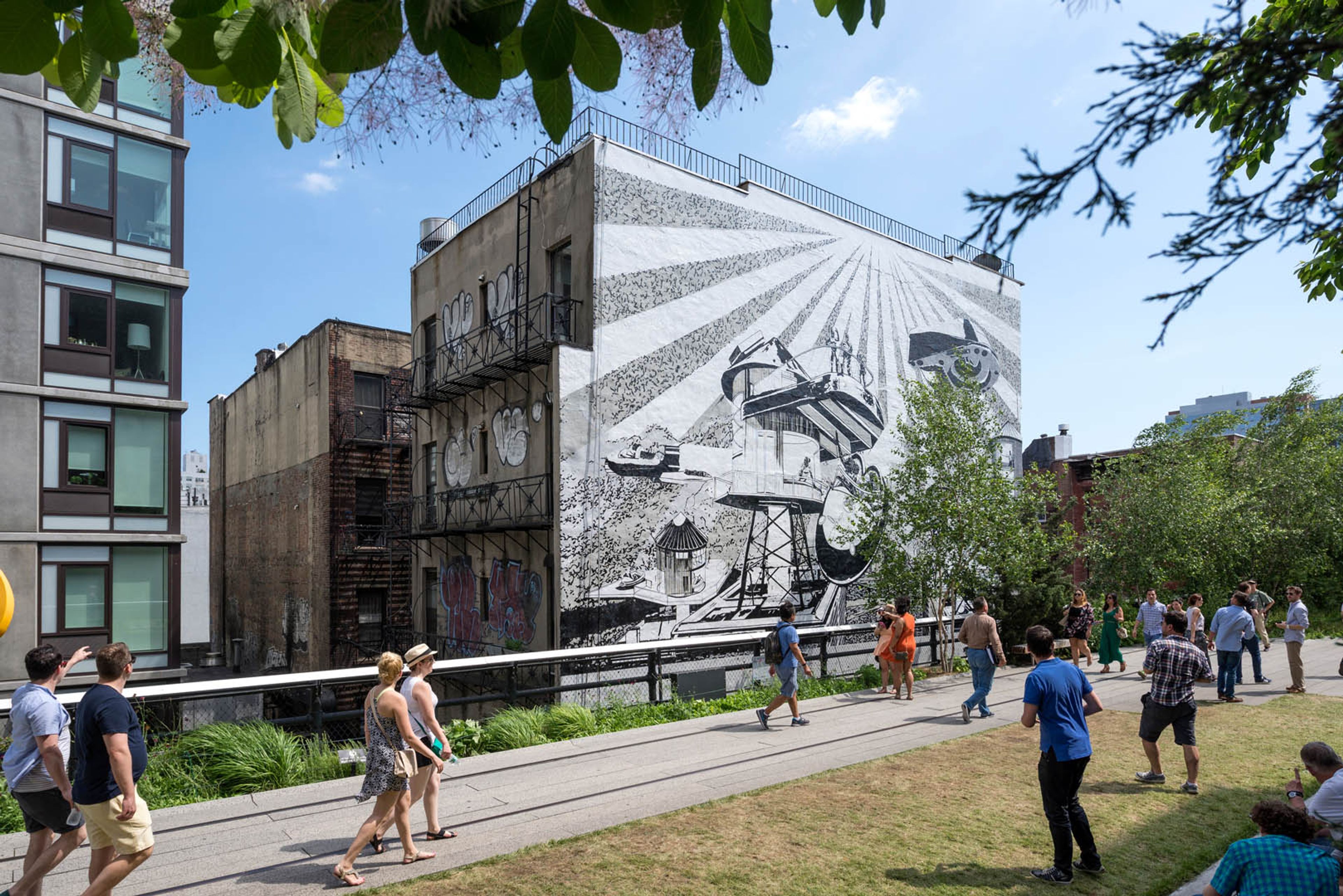 View of Kerry James Marshall's mural titled Above the Line on The High Line, New York, dated 2015.