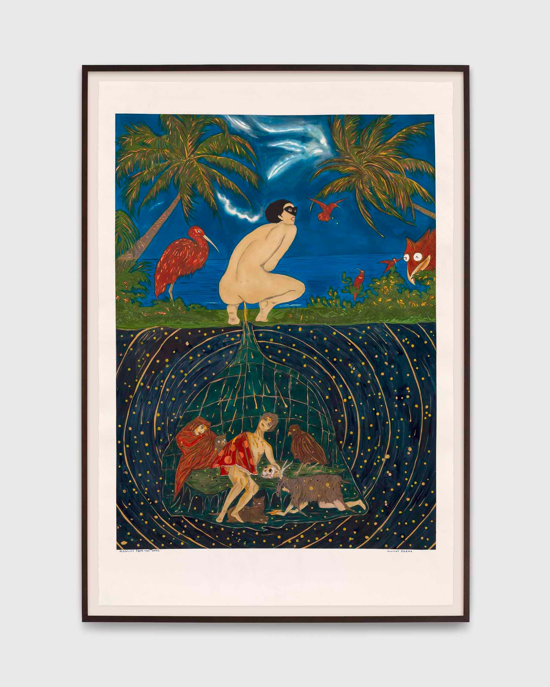 A work on paper by Marcel Dzama, titled Miracles from the gods trickle down economics, dated 2022.