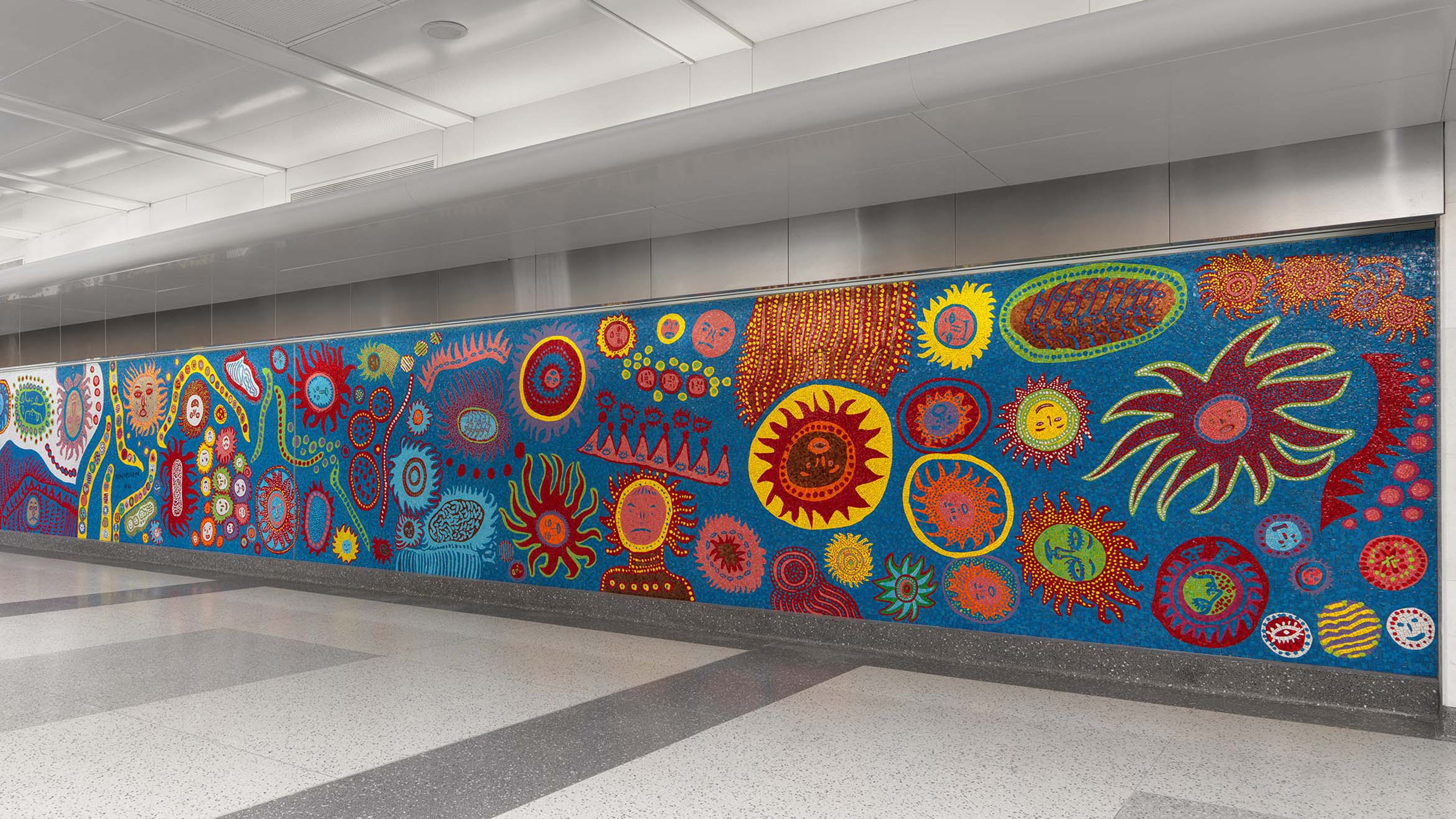 Installation view of Yayoi Kusama’s artwork, A Message of Love, Directly from My Heart unto the Universe, commissioned by MTA Arts & Design and New York City Transit