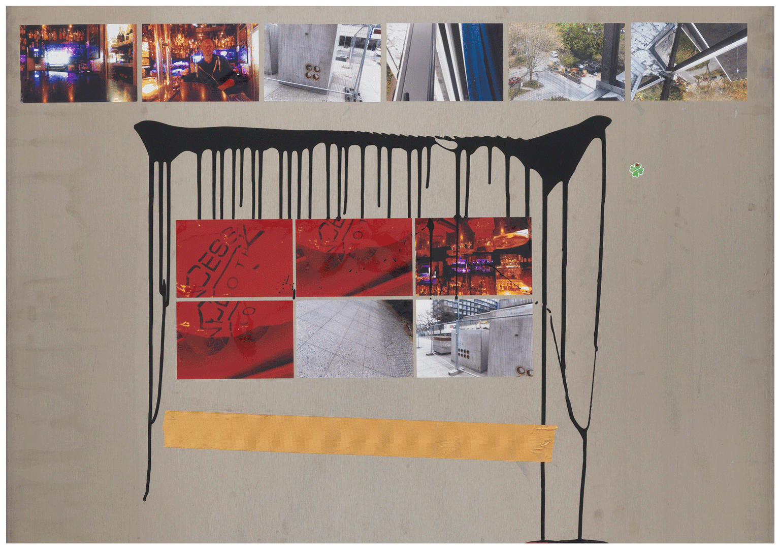 An untitled acrylic lacquer, golden tape, c-print, and sticker on aluminium panel work by Isa Genzken, dated 2018.