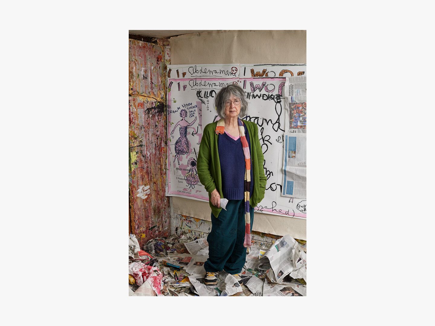 A photograph of Rose Wylie in her studio, dated 2019