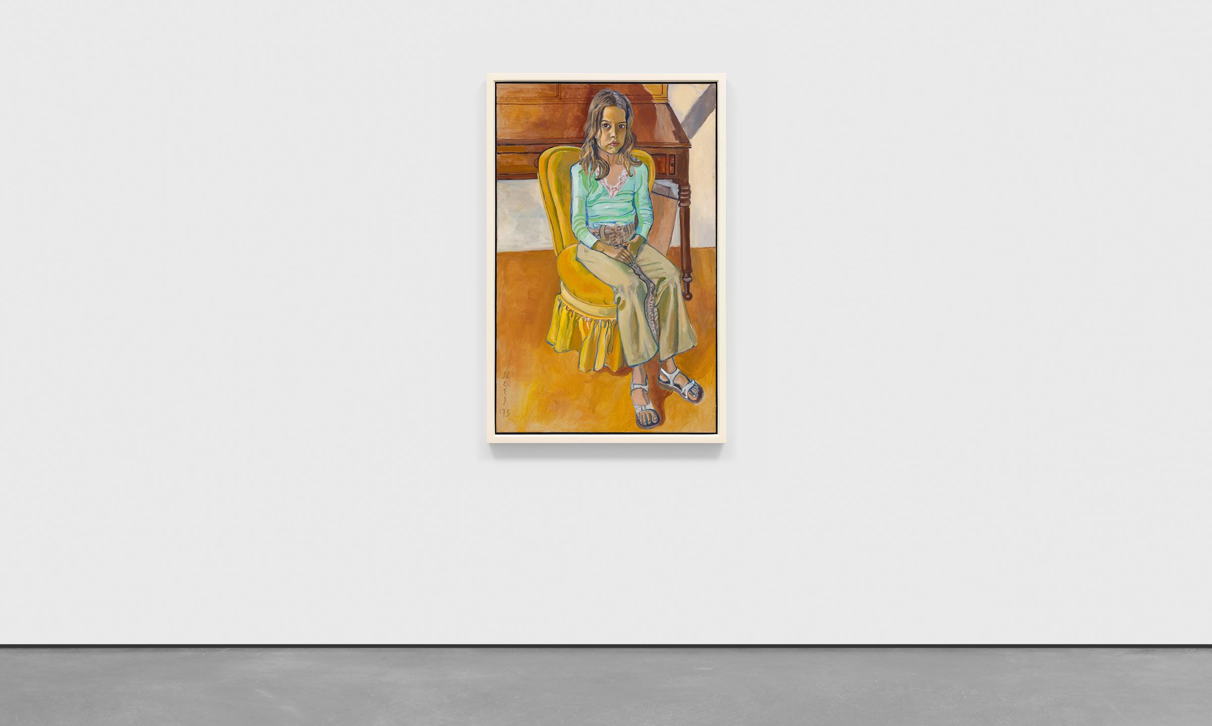 An installation view of an oil painting on canvas by Alice Neel, titled Olivia, dated 1975.