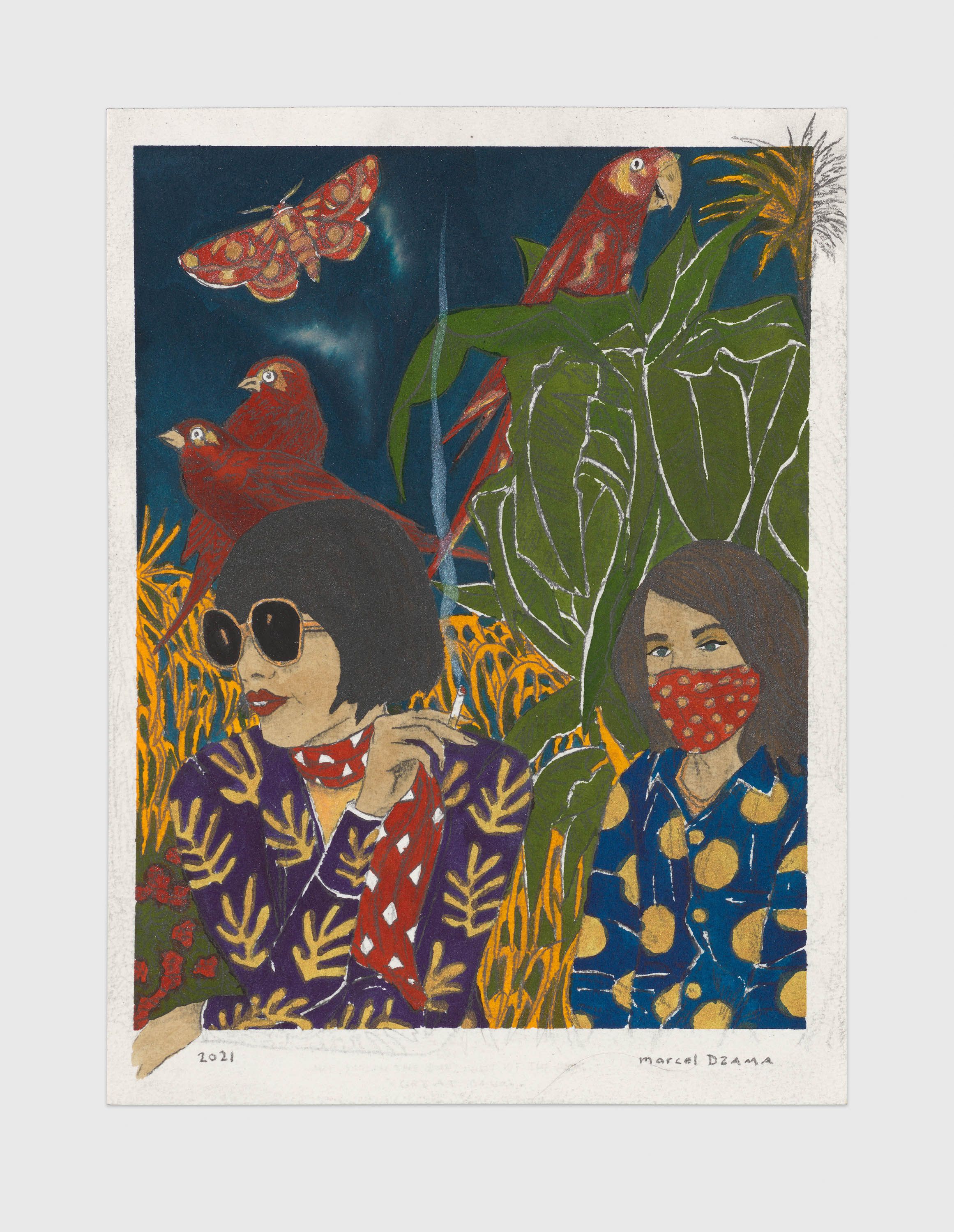 A mixed media artwork by Marcel Dzama, titled We sit in the daylight of the last great calm, dated 2021.