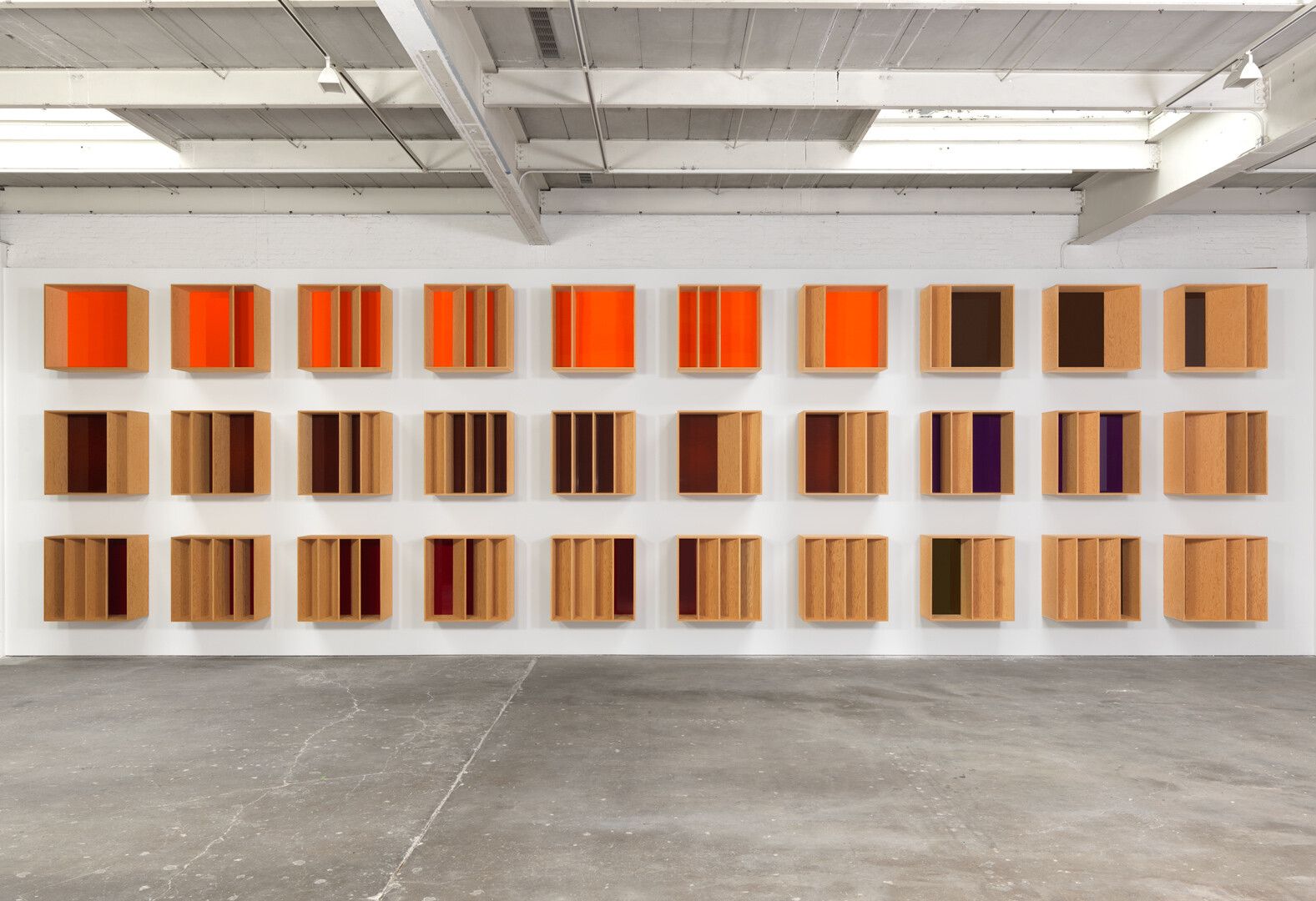 An installation view of an exhibition titled Donald Judd Artworks: 1970–1994, at David Zwirner, New York, in 2020.