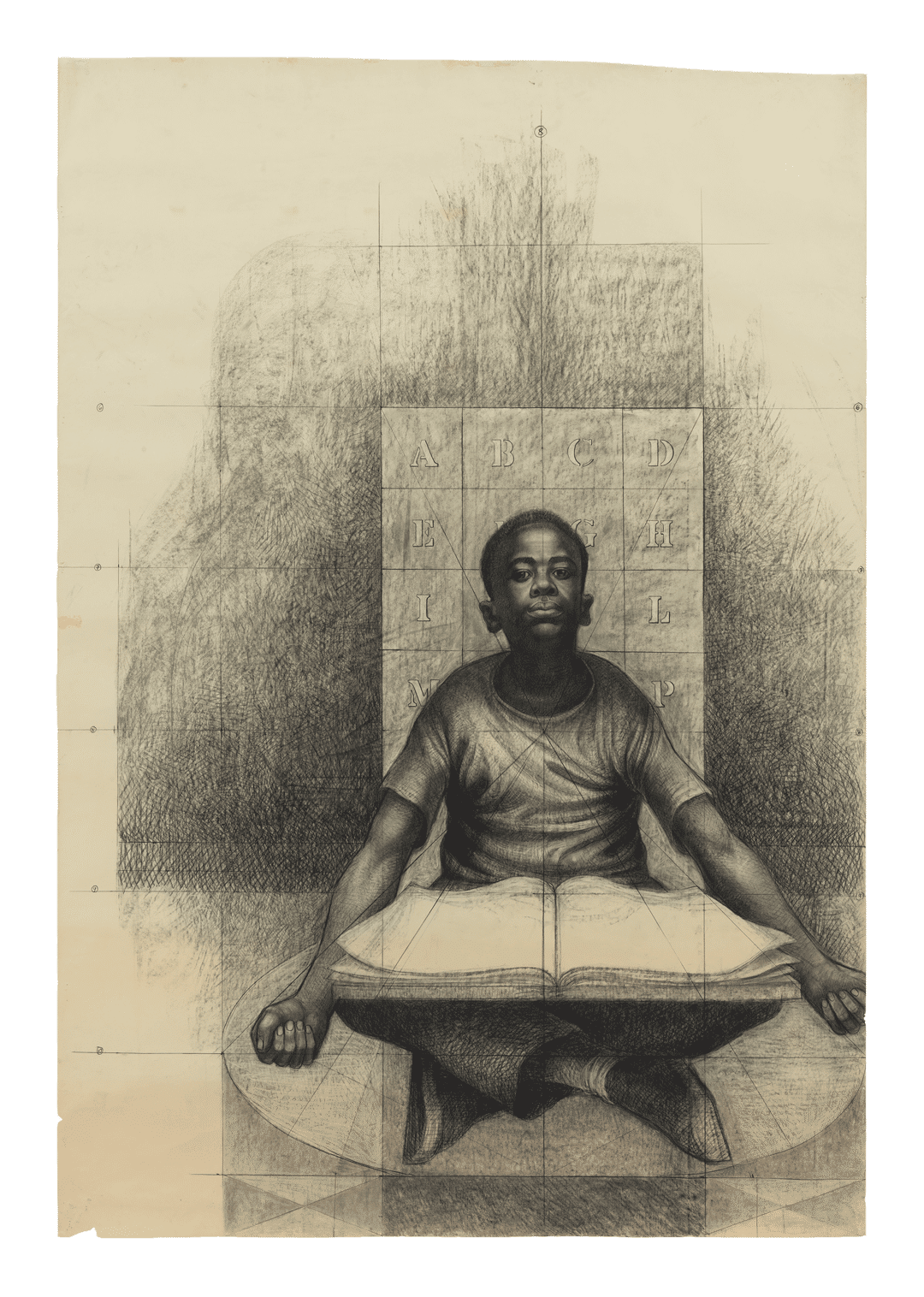 A drawing on paper by Charles White, titled Studies for Mary McLeod Bethune Mural (Seated Child with Book, Guitar Player, Mary McLeod Bethune, and Seated Woman), dated 1977 to 1978.