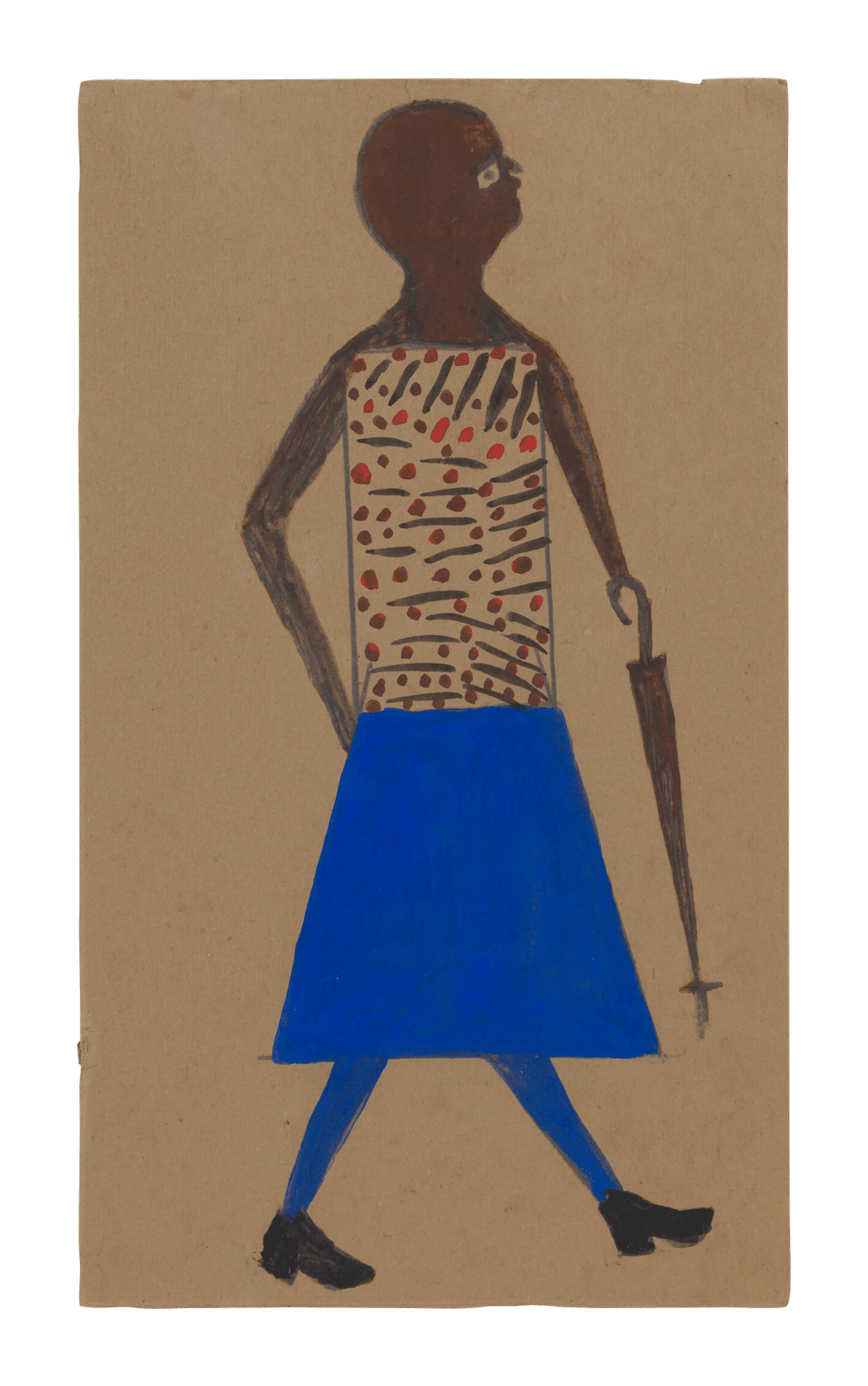 A mixed media work on cardboard by Bill Traylor, titled Woman with Umbrella and Blue Skirt, 1939 to 1942.