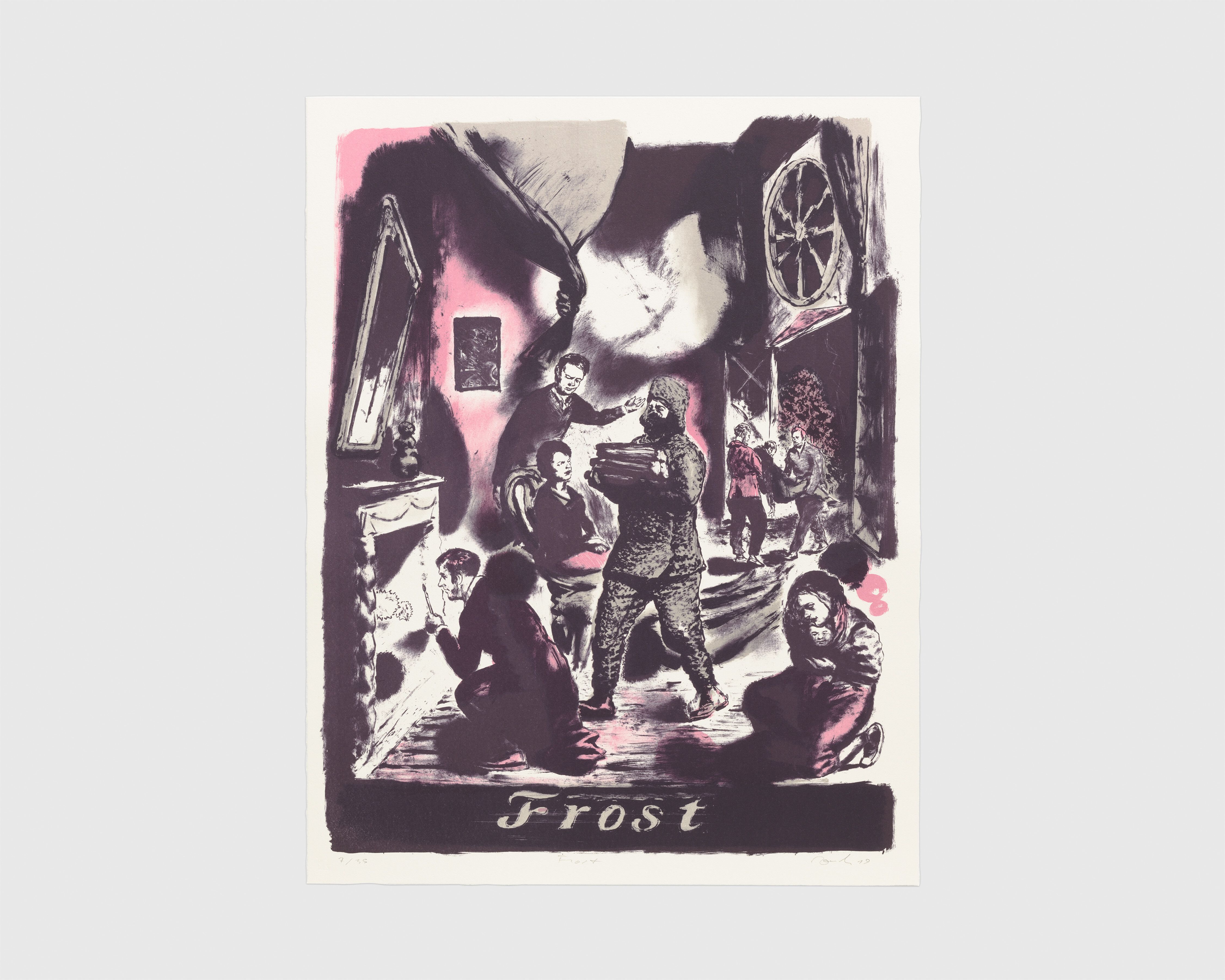 A three-color lithograph on Hahnemühle Alt Worms paper by Neo Rauch, titled Frost, dated 2019.