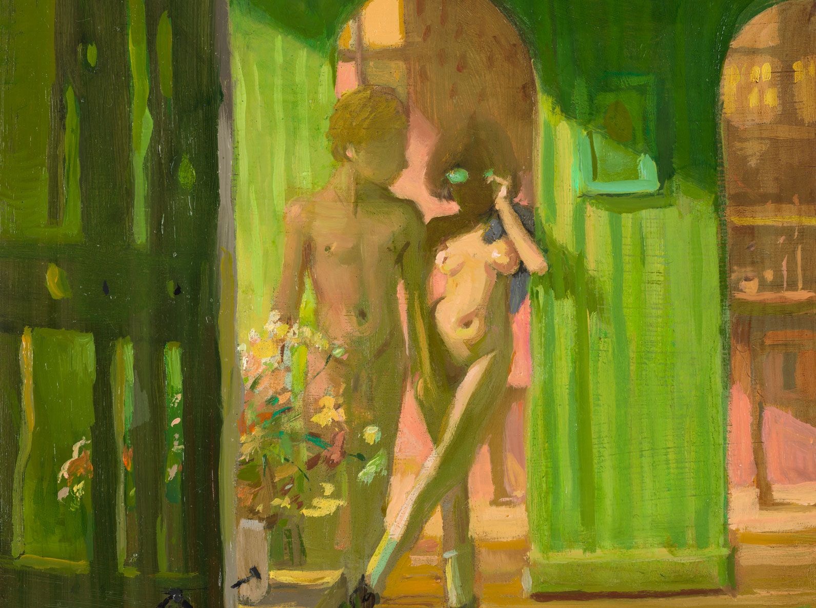 A detail from a painting by Lisa Yuskavage, titled Small Home, dated 2018.