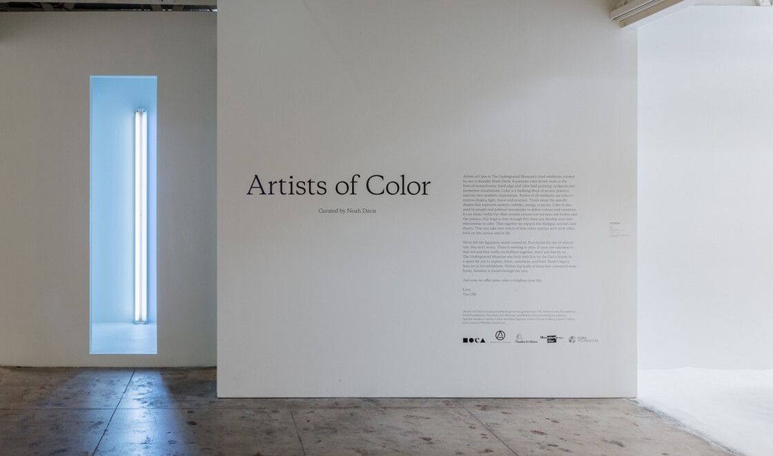 An installation view of an exhibition titled Artists of Color Curated by Noah Daviss at The Underground Museum in 2013.