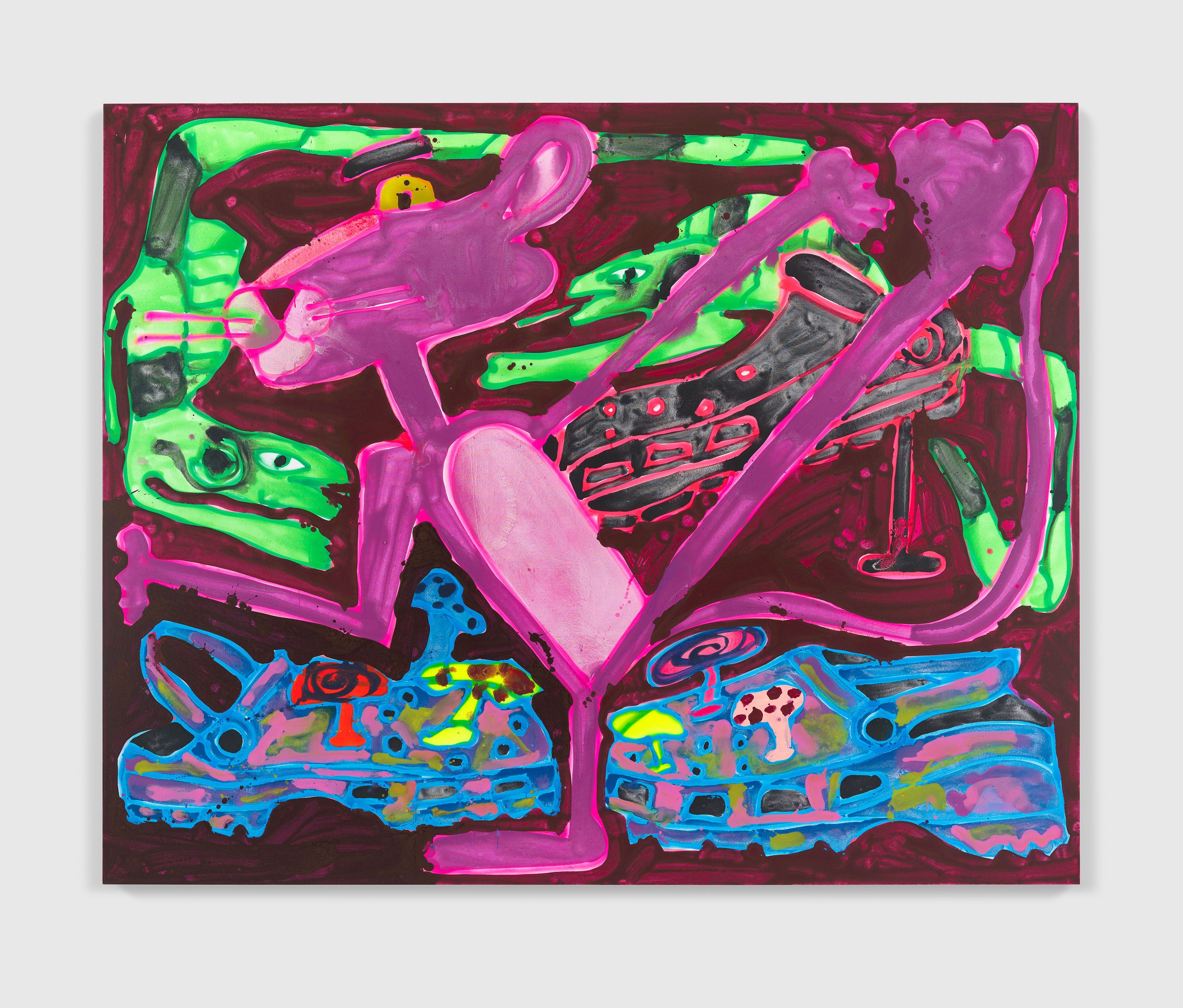 An acrylic and spray paint on canvas artwork by Katherine Bernhardt, titled Panther Cros Iguanas, dated 2021.