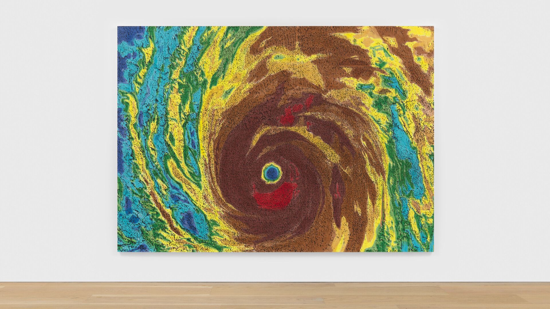 An installation view of an oil and alkyd painting on linen by Nate Lowman, titled, Katrina, dated 2020.
