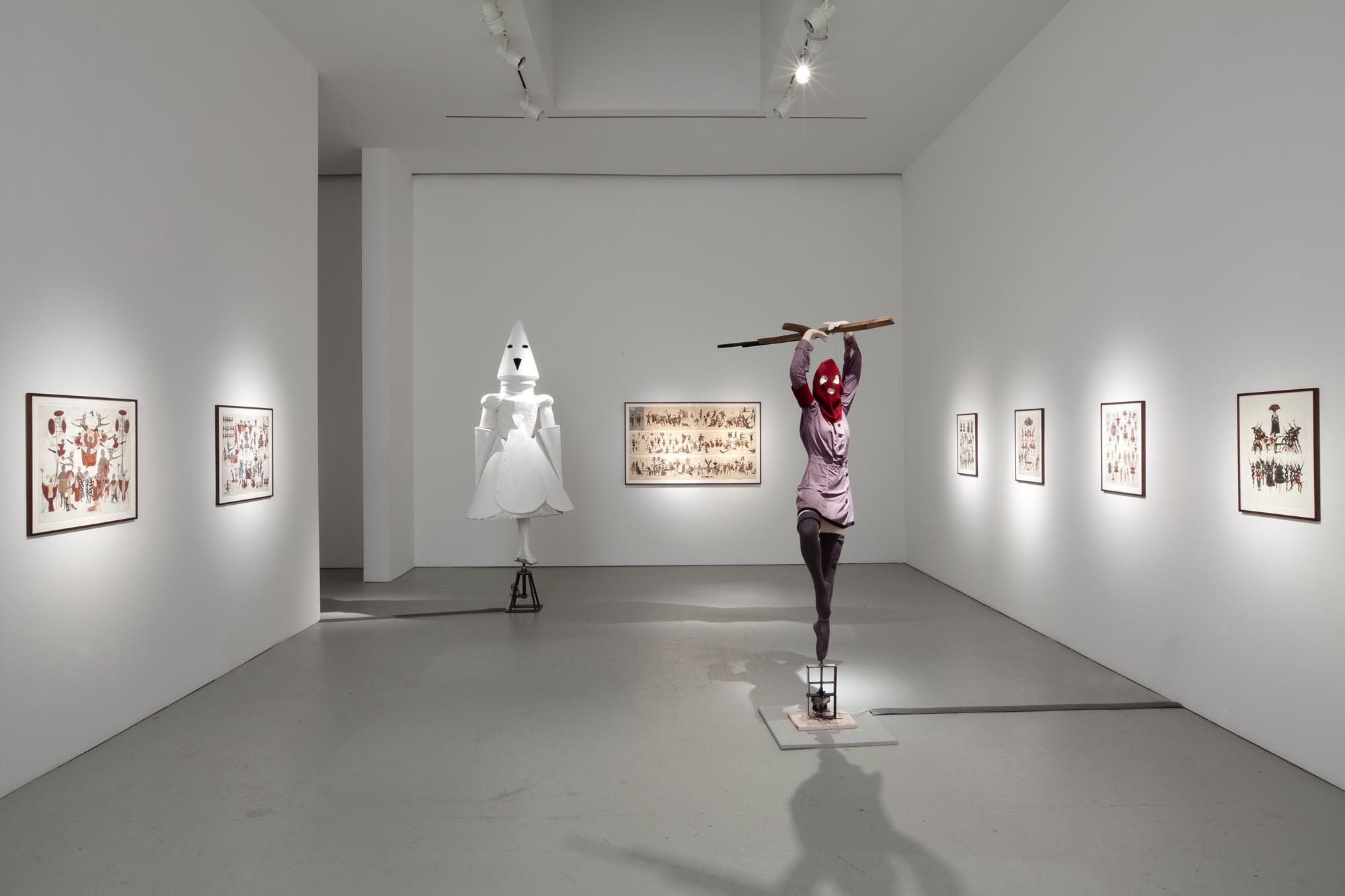 Installation view of the exhibition Marcel Dzama: Behind Every Curtain, at David Zwirner in New York, dated 2011.