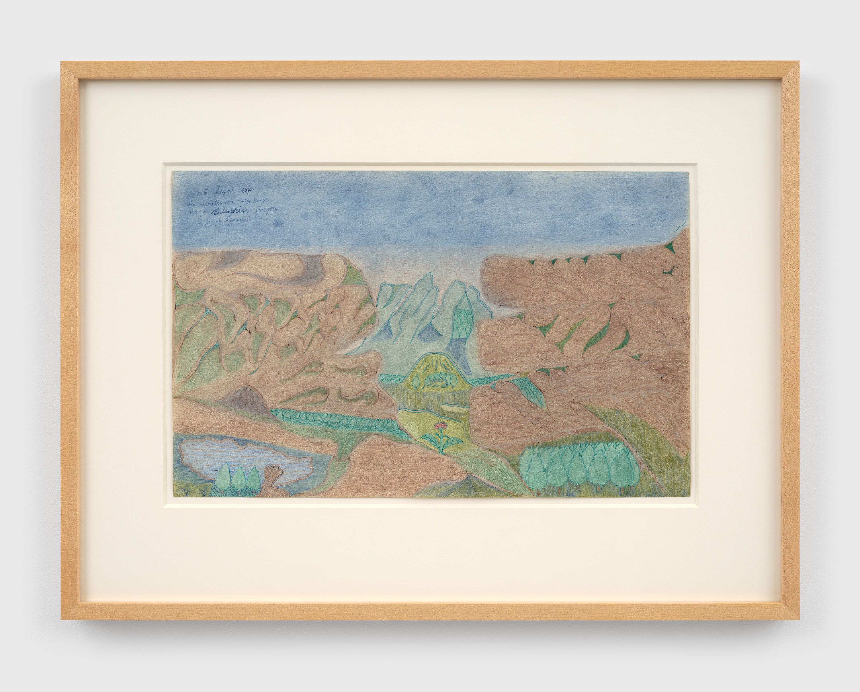 A pen and colored pencil on paper artwork by Joseph Yoakum, titled Mt. Legal cap in Wallowa Mtn Range near Enterprise Oregon, n.d.