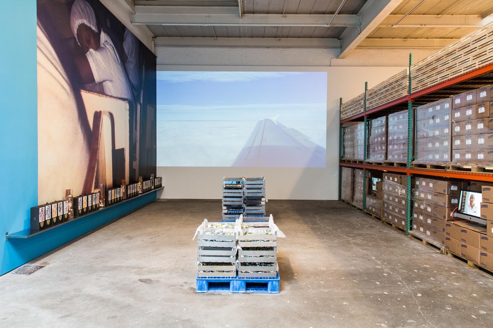 Installation view of the exhibition Oscar Murillo: A Mercantile Novel, at David Zwirner in New York, dated 2014.