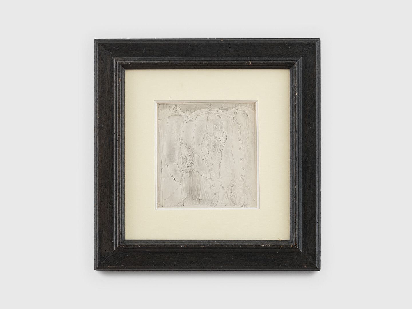 A drawing by Hans Bellmer, titled Plus Lourde (pour A Sade), translated as Heavier (for A. Sade), dated 1961.