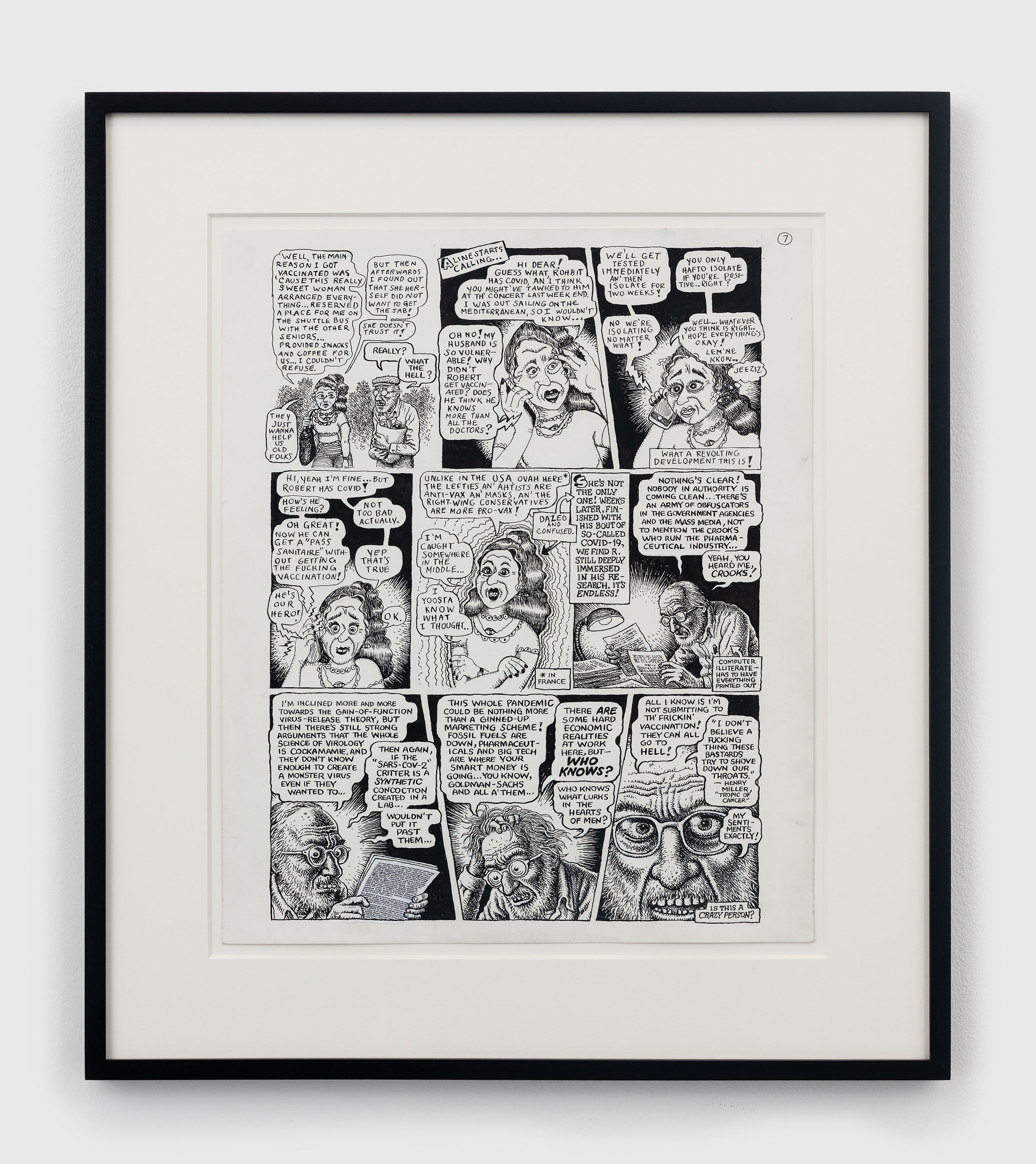 A 10-page ink and correction fluid on paper artwork by Aline Kominsky-Crumb and R. Crumb, titled Crumb Family Covid Exposé, dated 2021.