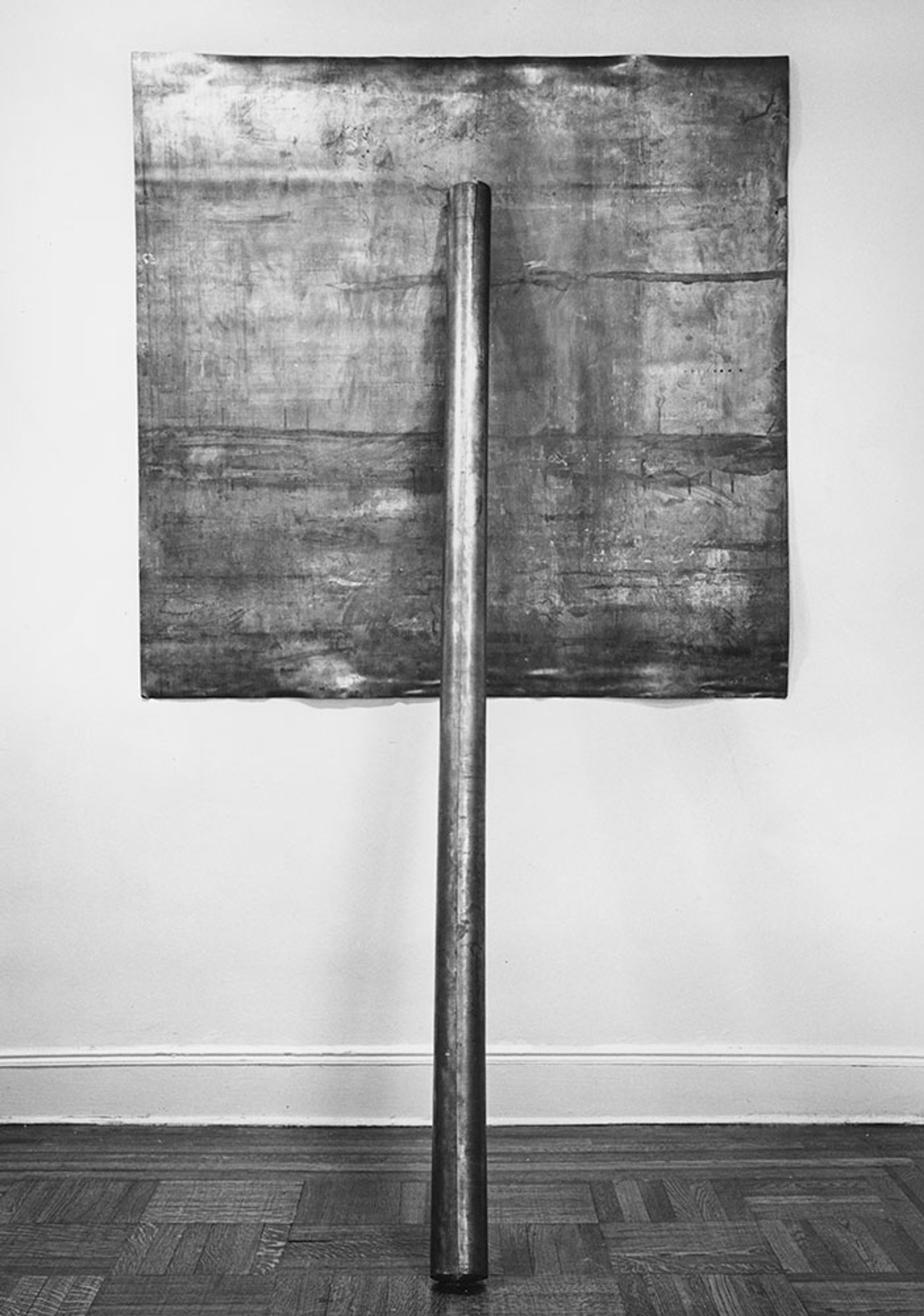 A lead sculpture by Richard Serra titled Prop, dated 1968.