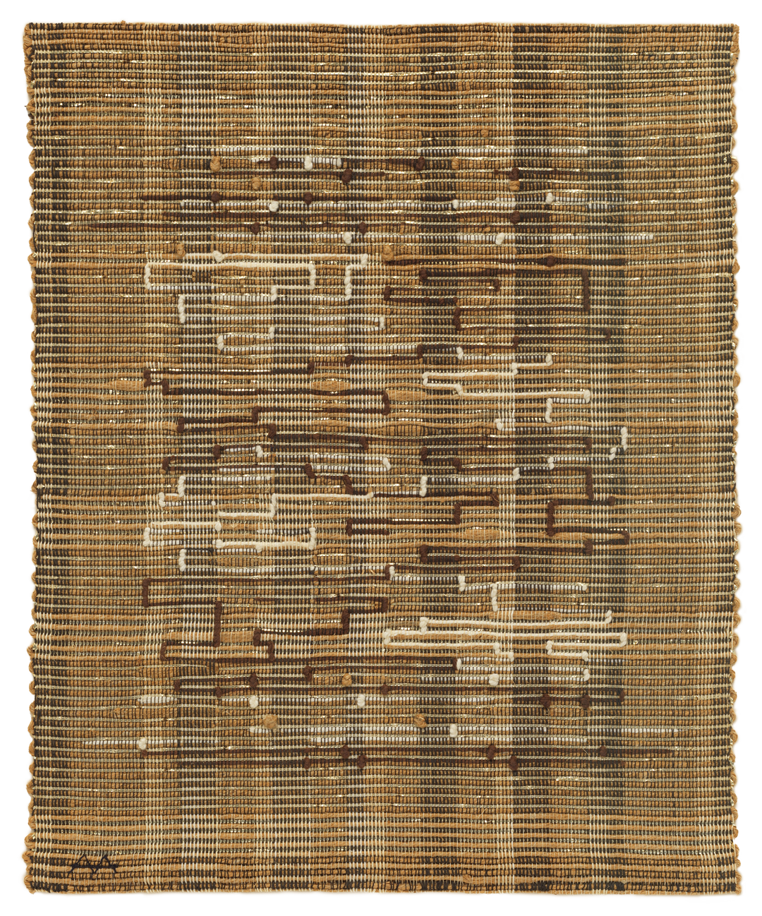 A cotton, lurex, and jute weaving by Anni Albers, titled Black-White-Gold II, dated 1950.
