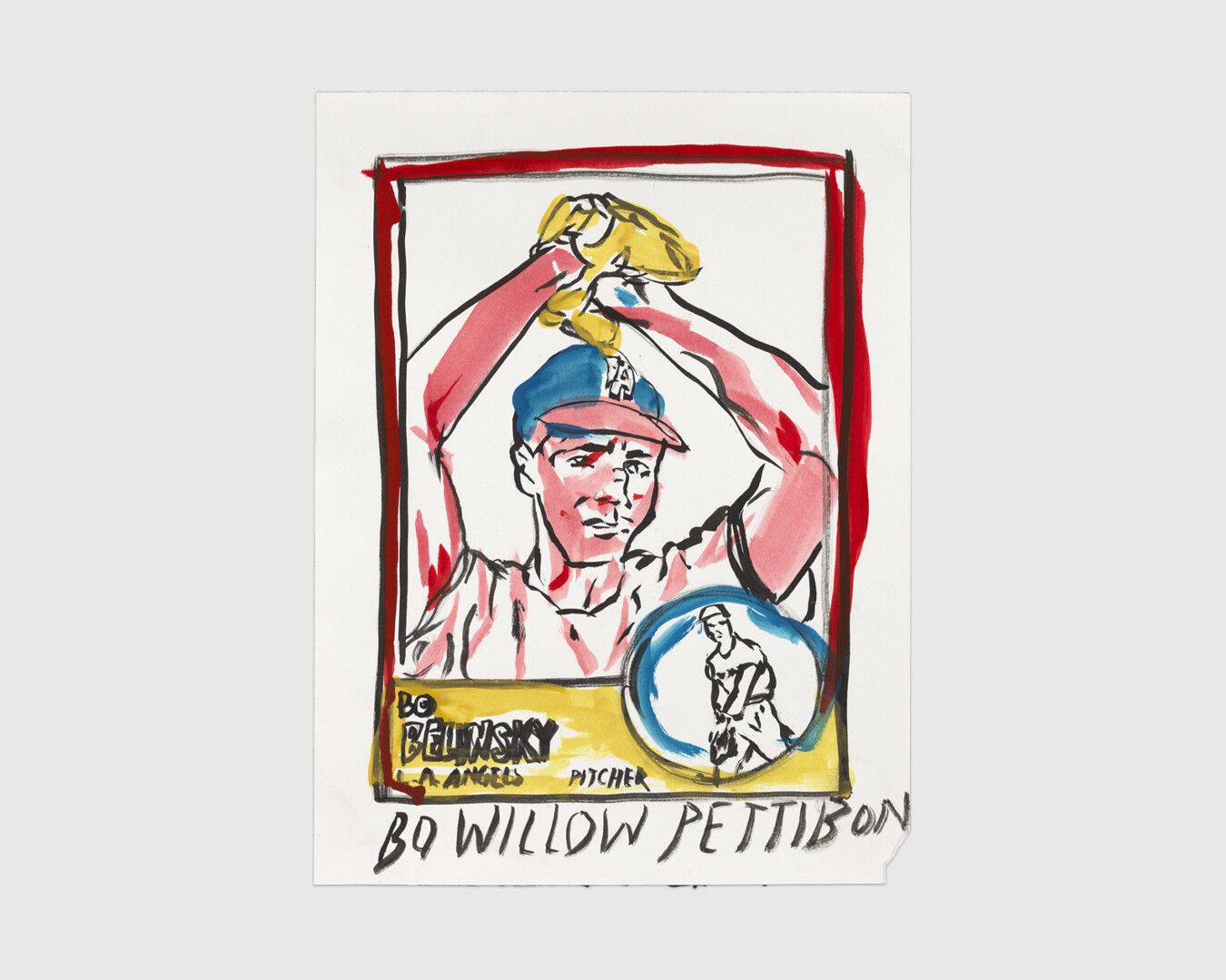 An ink and graphite drawing on paper by Raymond Pettibon, titled No Title (Bo Belinsky L.A. ...), dated 2020.
