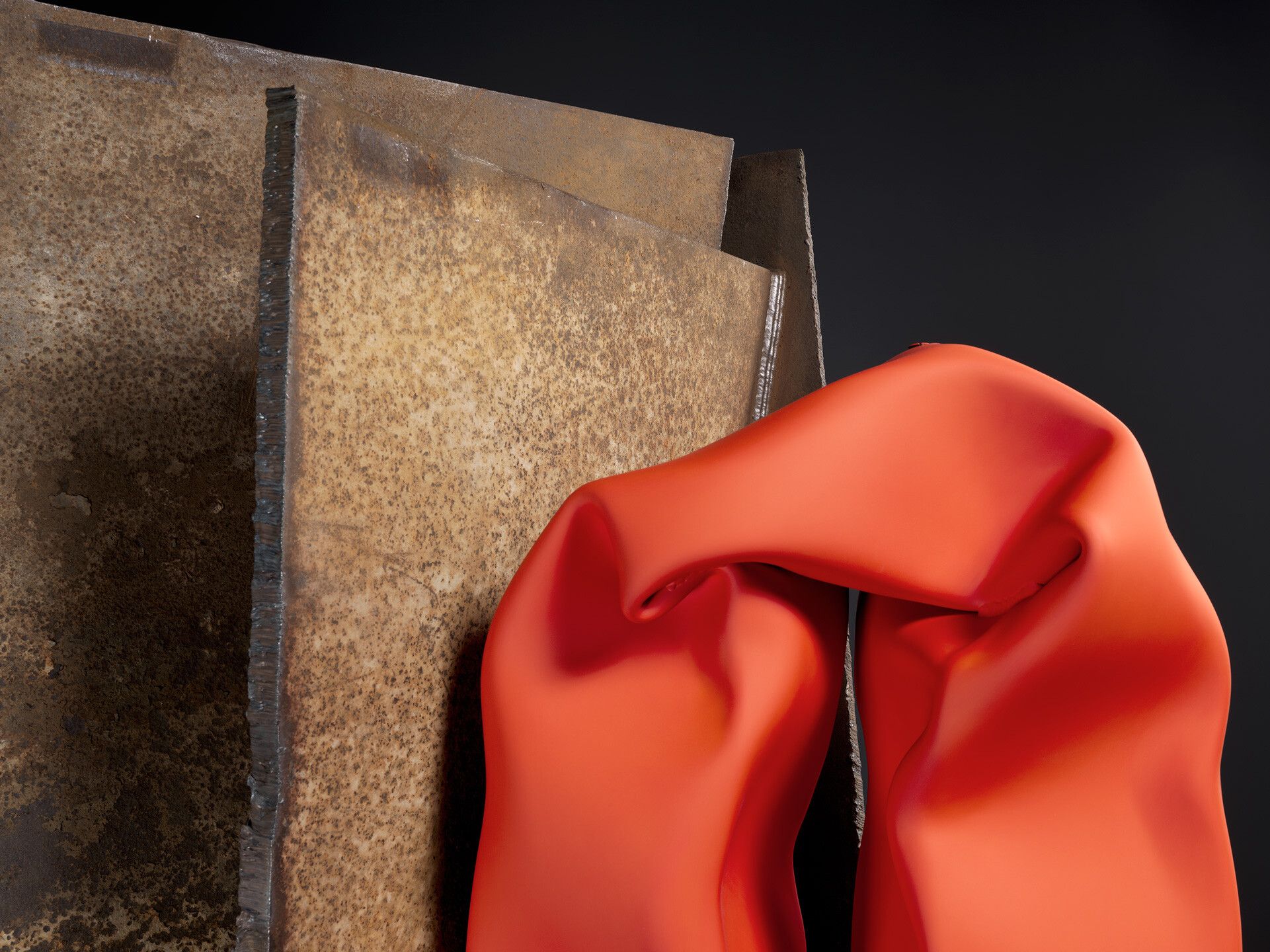 A detail of a steel, stainless steel, and urethane paint by Carol Bove, titled Chimes at Midnight III, 2021.