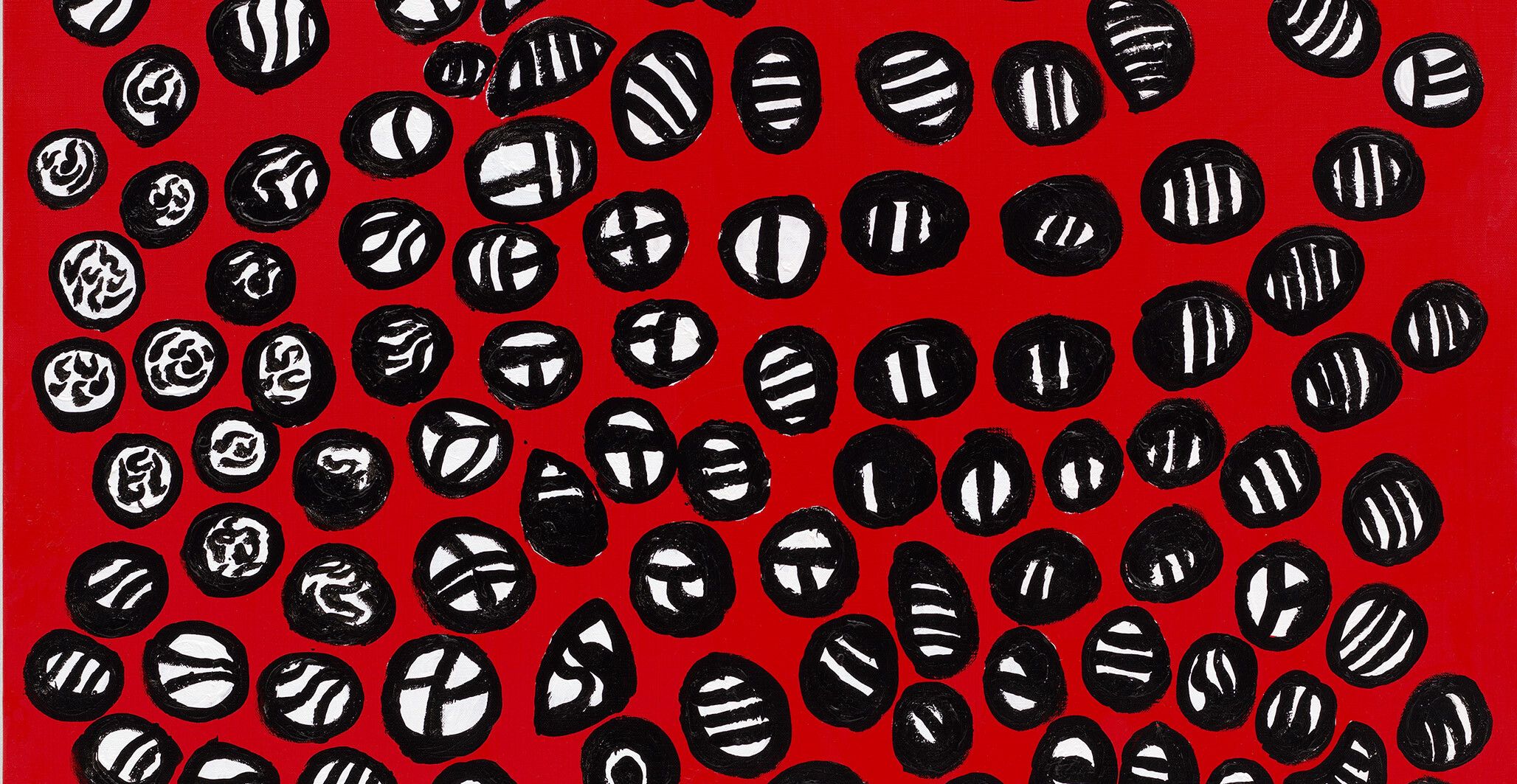 A detail from a painting by Yayoi Kusama, titled GATHERING OF THE PEOPLE FOREVER CRYING OUT FOR PEACE, dated 2020.