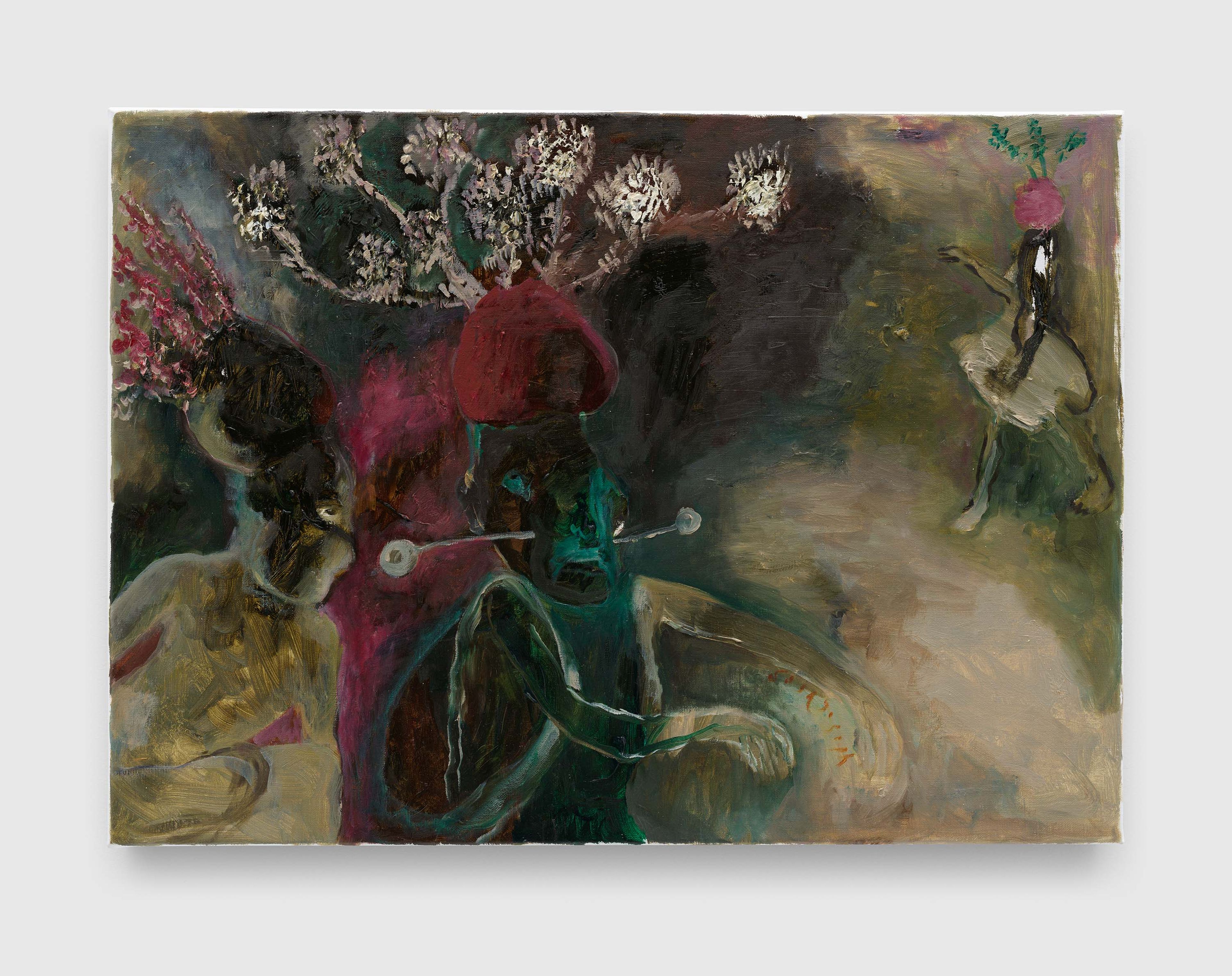 A painting by Sosa Joseph, titled Kavadi in monsoon, dated 2025.