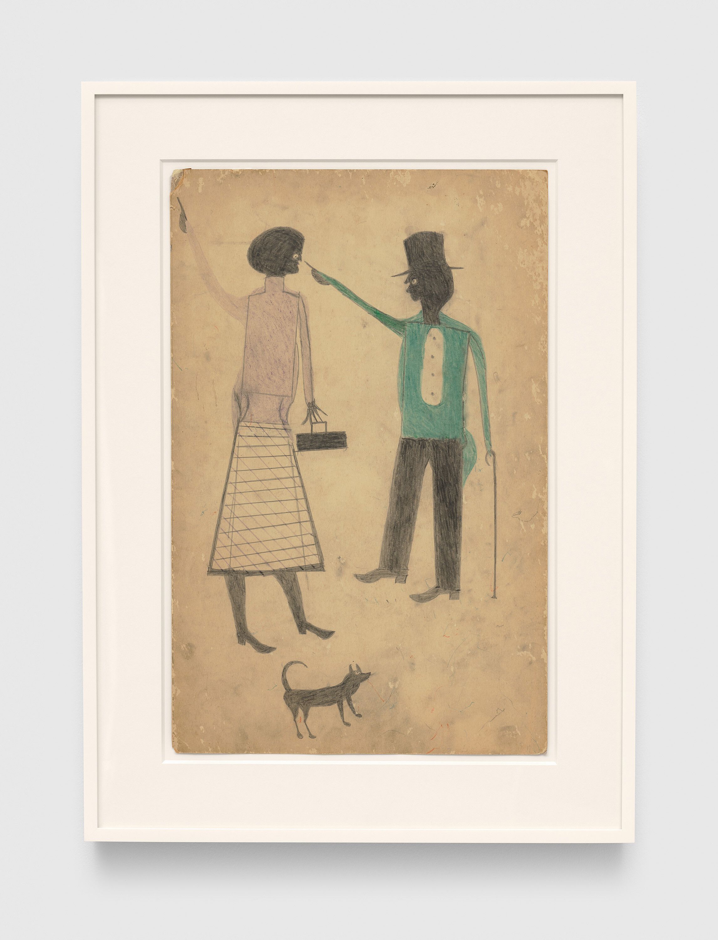 A drawing by Bill Traylor, titled Man and Woman Pointing with Dog, 1939 to 1942.