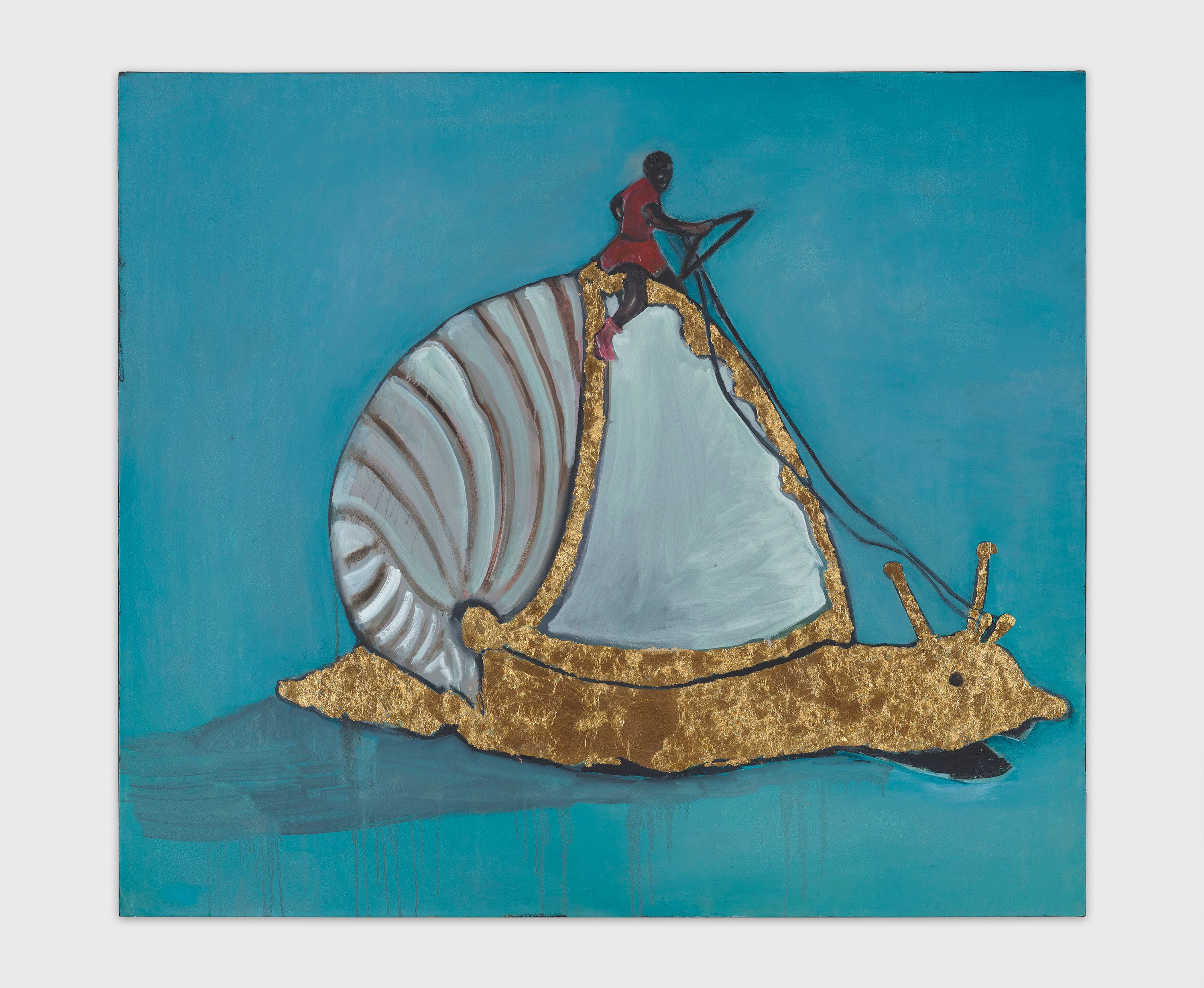 An oil, acrylic, and gold leaf on canvas artwork by Noah Davis, titled A Snail's Pace, dated 2010.