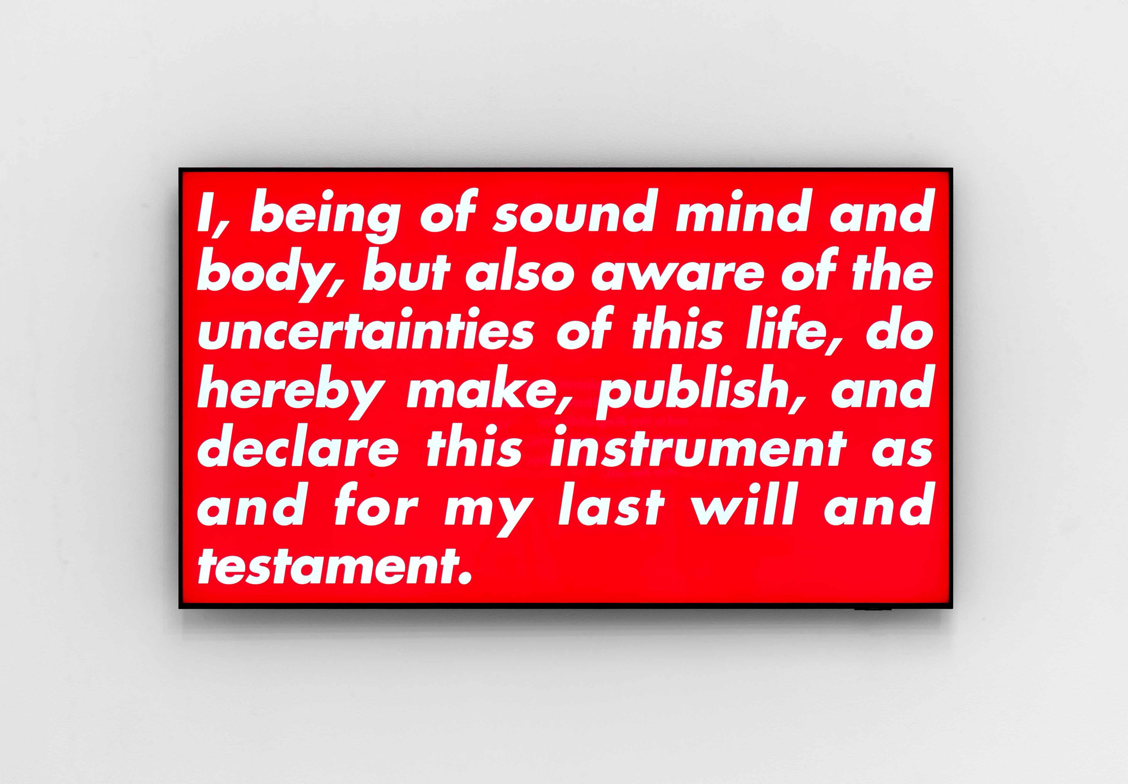 A three-channel video installation by Barbara Kruger, titled Pledge, Will, Vow, dated in 1988 and 2020.