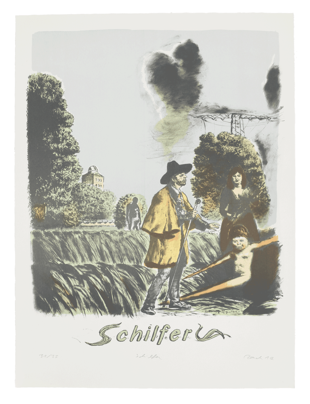 A print by Neo Rauch titled Schilfer, dated 2017