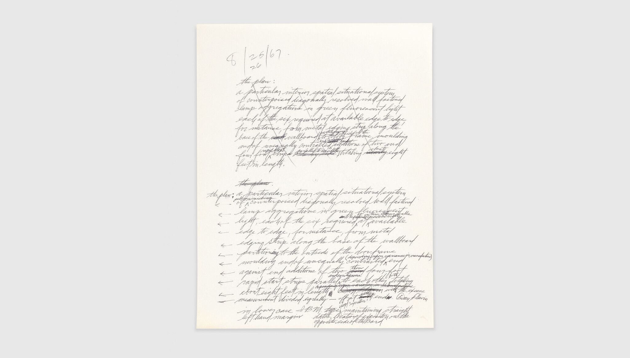 Draft of text written by Flavin to describe his installation for his October–November 1967 show at Kornblee Gallery that was printed on the invitation card.