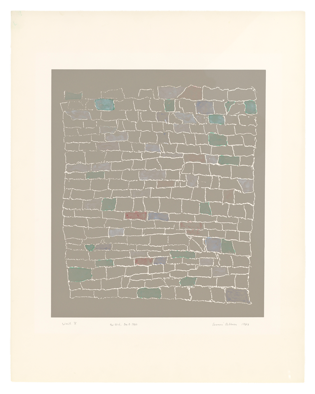 A watercolor work on screenprint by Anni Albers, titled Wall V, dated 1983.