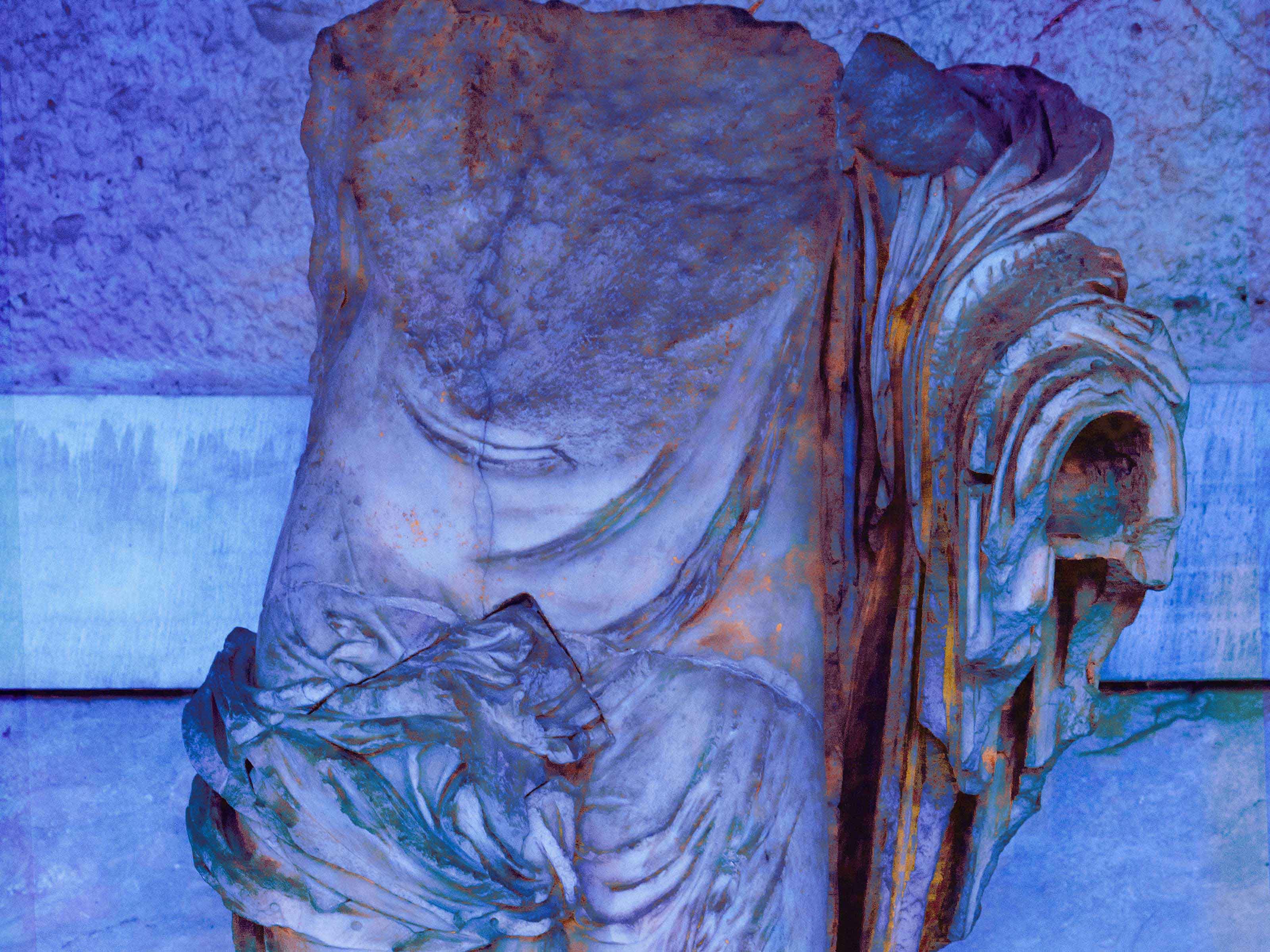 A detail from a photograph by James Welling, titled Sculpture of a Man, dated 2019