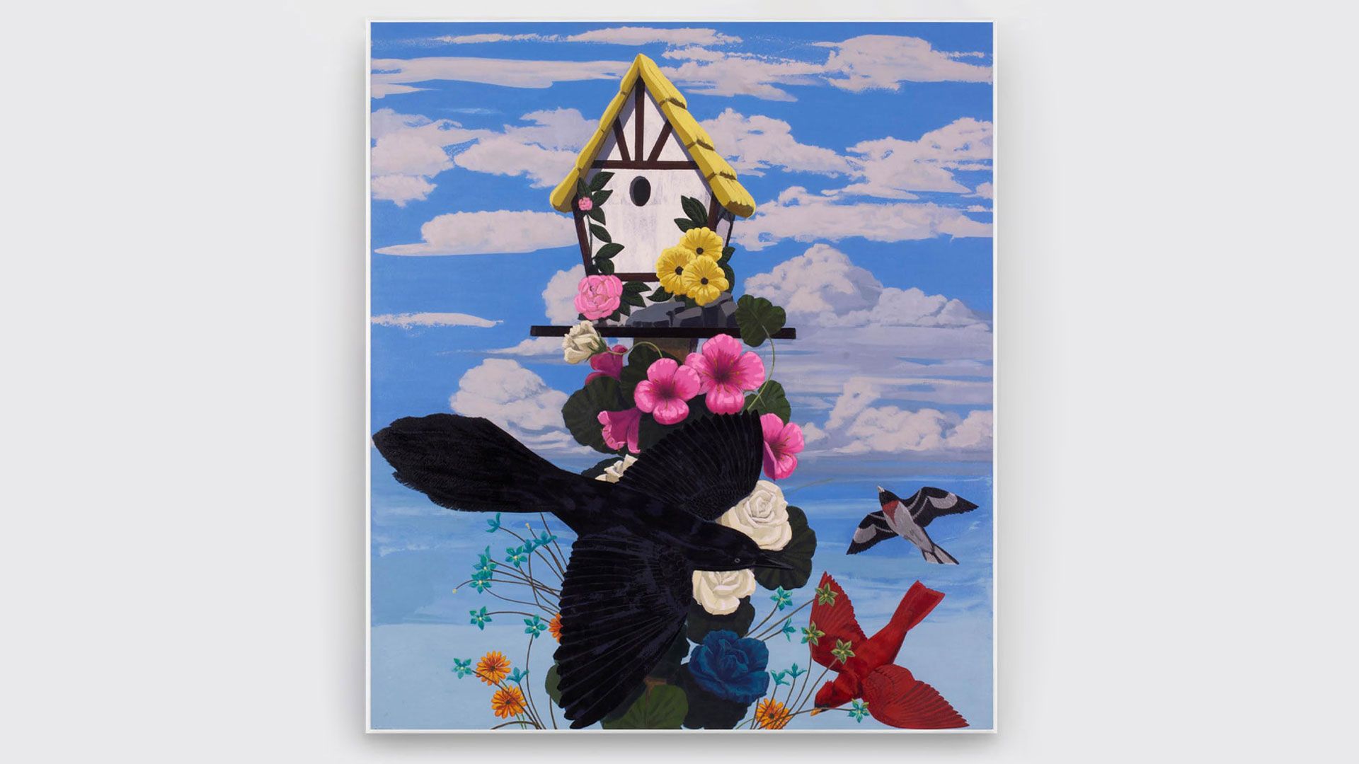A painting by Kerry James Marshall titled Black and part Black Birds in America: (Grackle, Cardinal & Rose-breasted Grosbeak), dated 2020.
