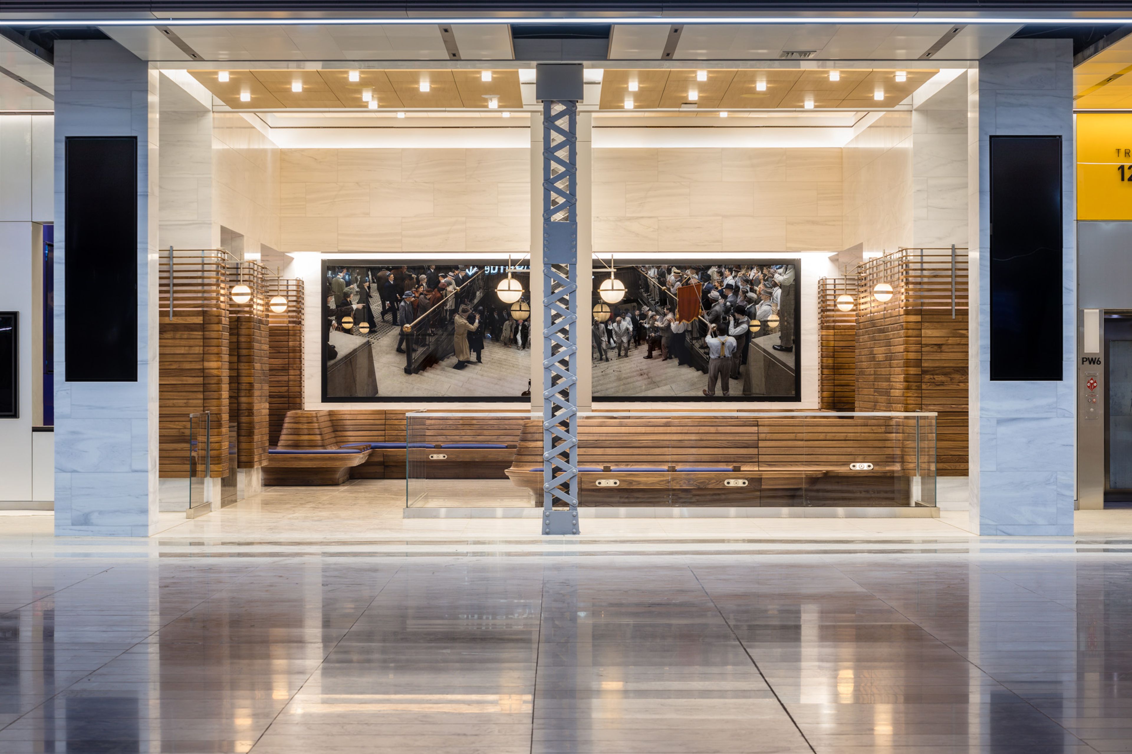 Installation view of the Public Art Fund presentation, "Stan Douglas: Penn Station’s Half Century," at Moynihan Train Hall in New York, dated 2020.