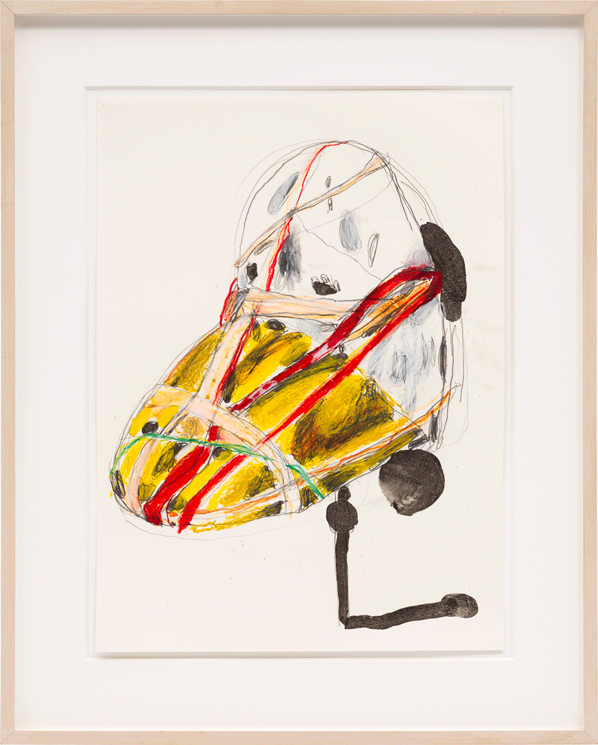 A pencil, graphite, ink, acrylic mica mortar, China marker grease pencil, and wax crayon drawing on paper by Al Taylor, titled, 	Bondage Duck, dated 1998.