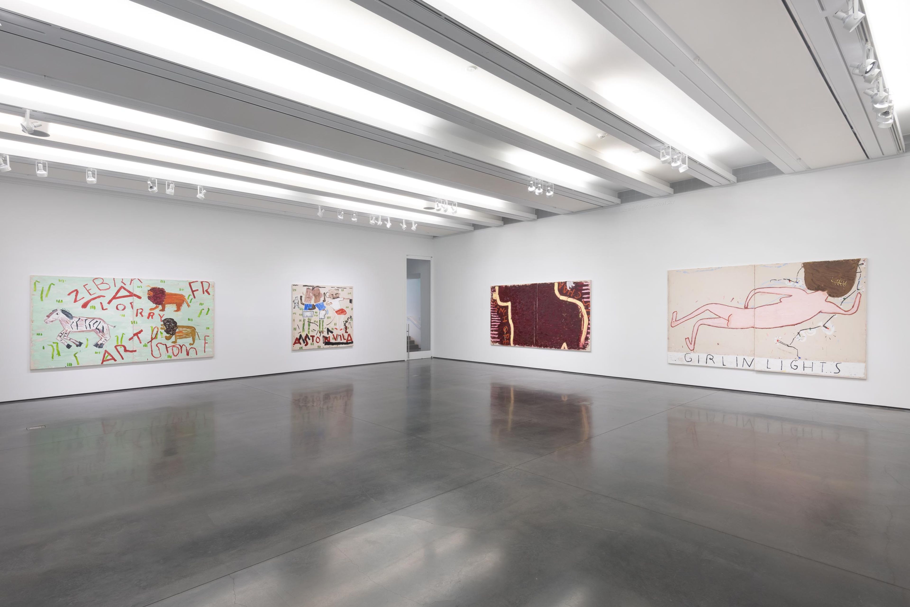 Installation view of the exhibition, Rose Wylie: where i am and was, at Aspen Art Museum in Aspen, dated 2020.