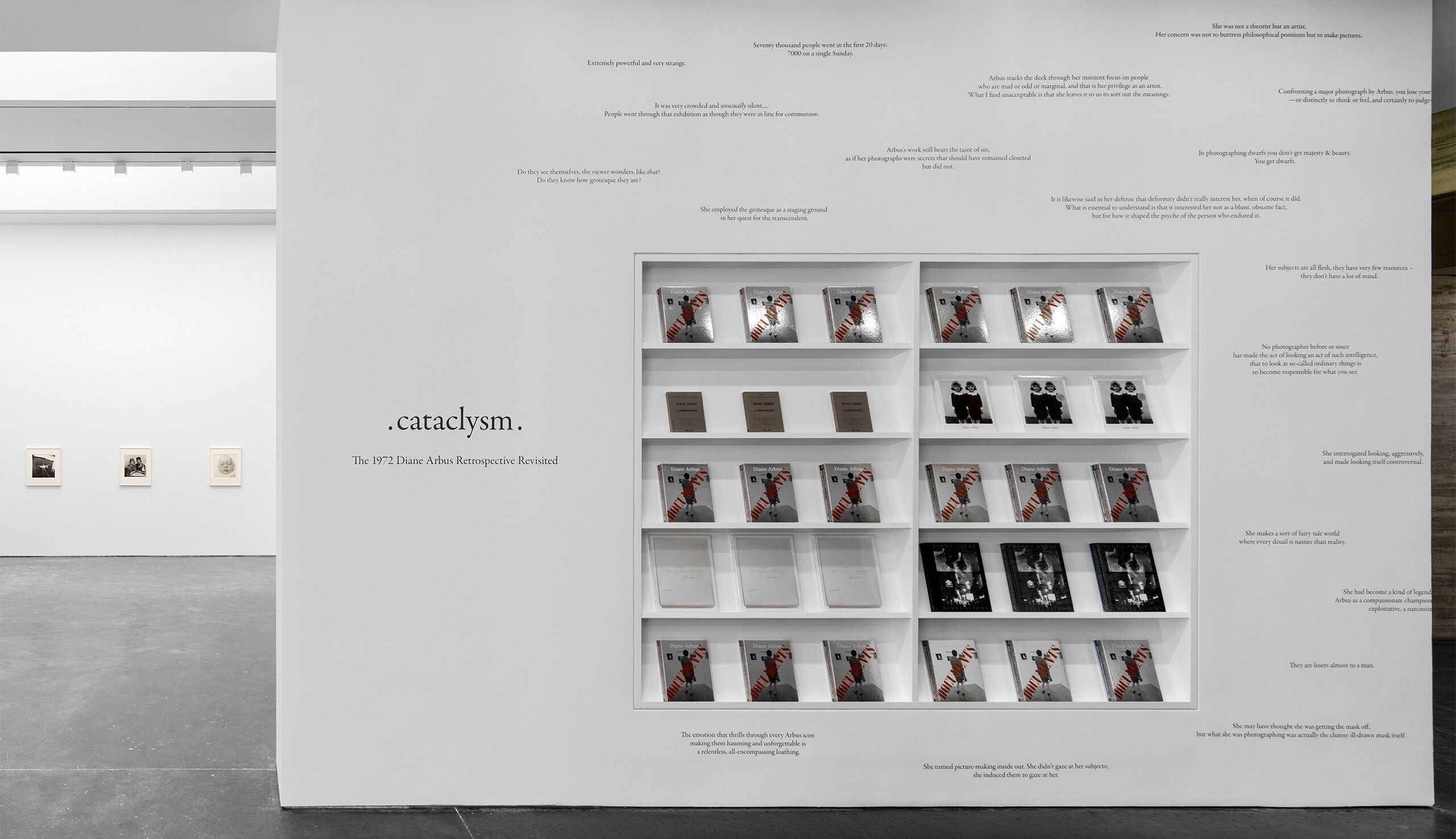 An installation view of the exhibition titled .cataclysm. The 1972 Diane Arbus Retrospective Revisited at David Zwirner New York, dated 2022