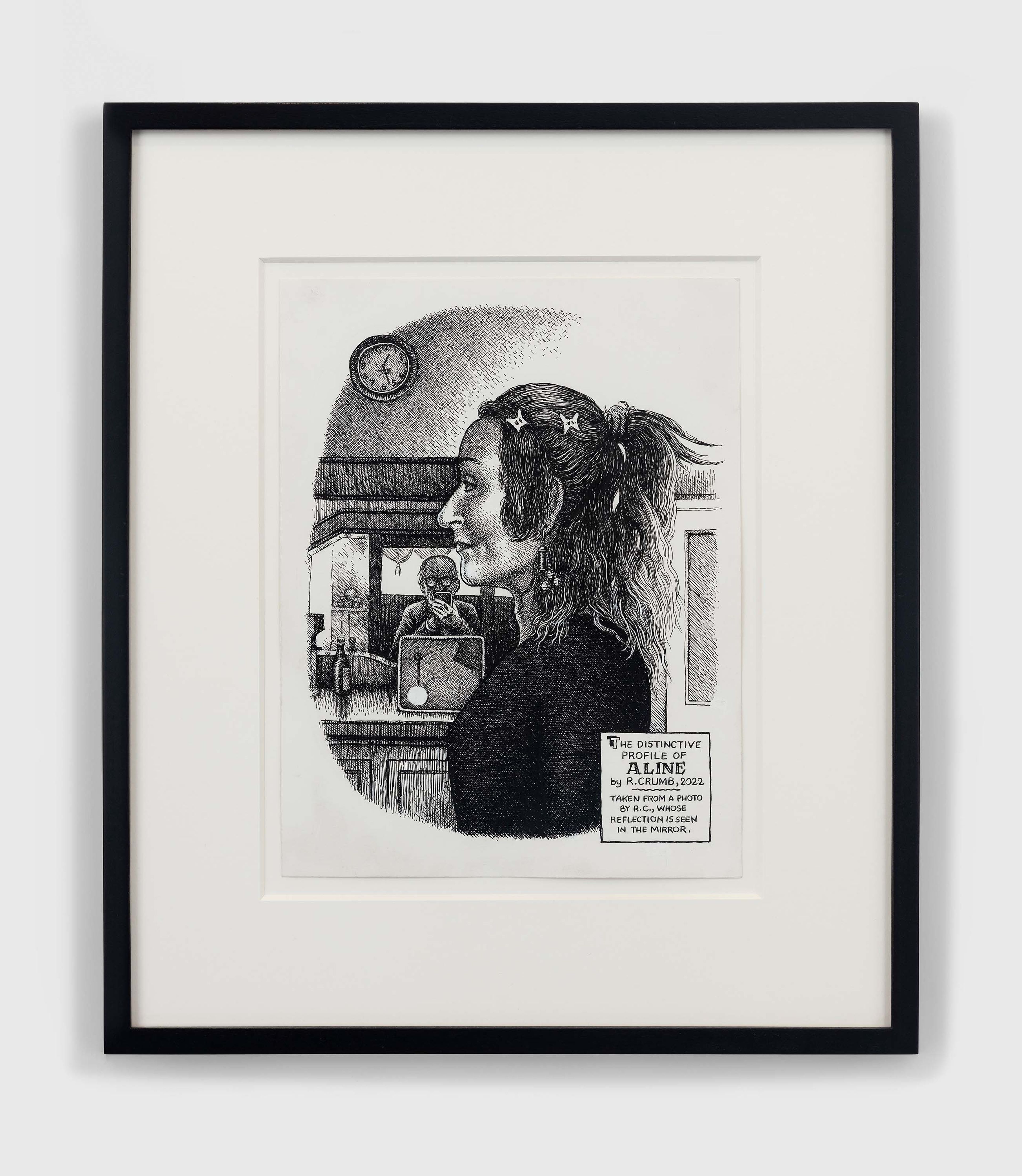 An ink and correction fluid on paper artwork by R. Crumb, titled The Distinctive Portrait of Aline, dated 2022.