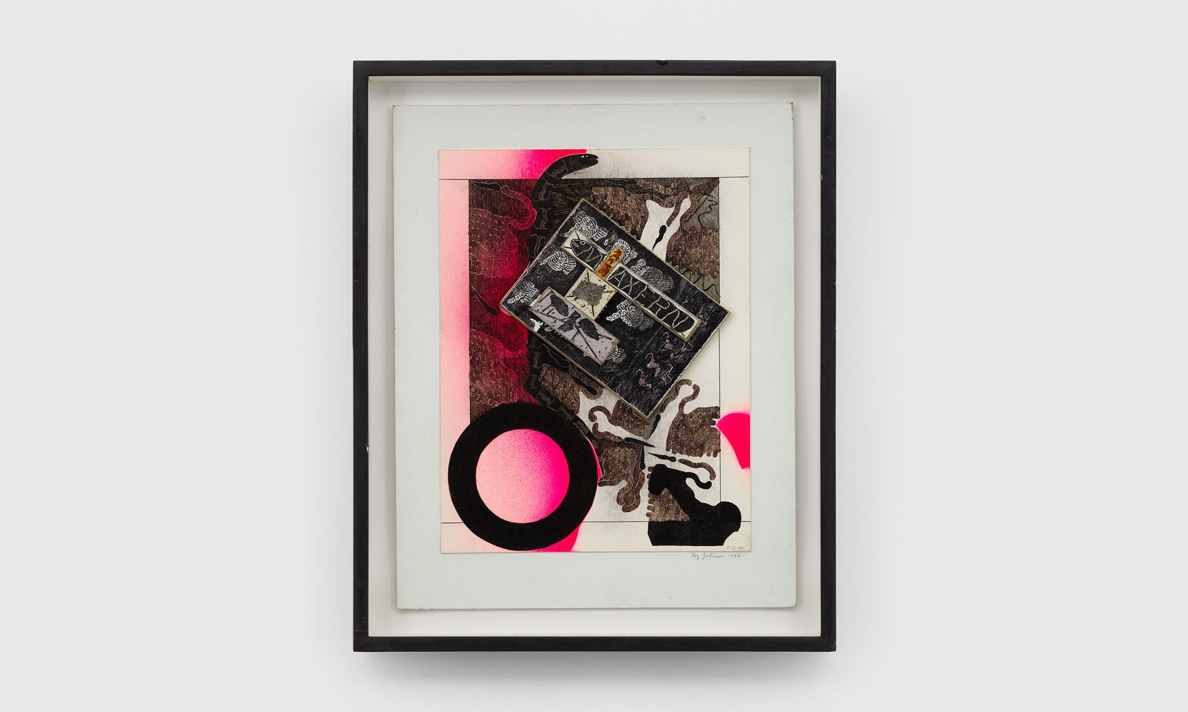 A mixed media work by Ray Johnson, titled Untitled (Max Ern with Elephants and Swans), 1982, dated 1994.