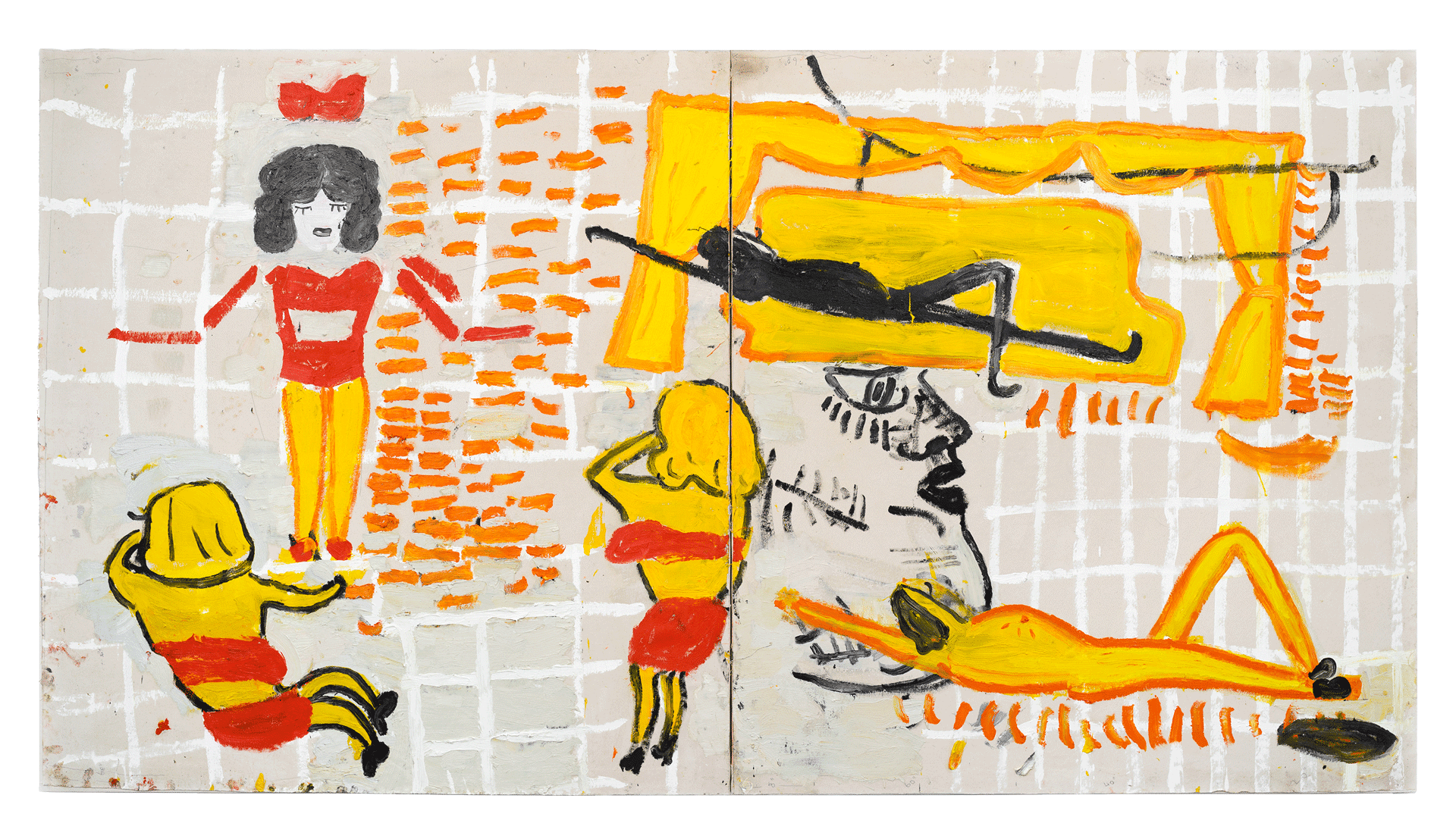 A painting by Rose Wylie, titled Yellow Girls: S√§g and flop, dated 2017.