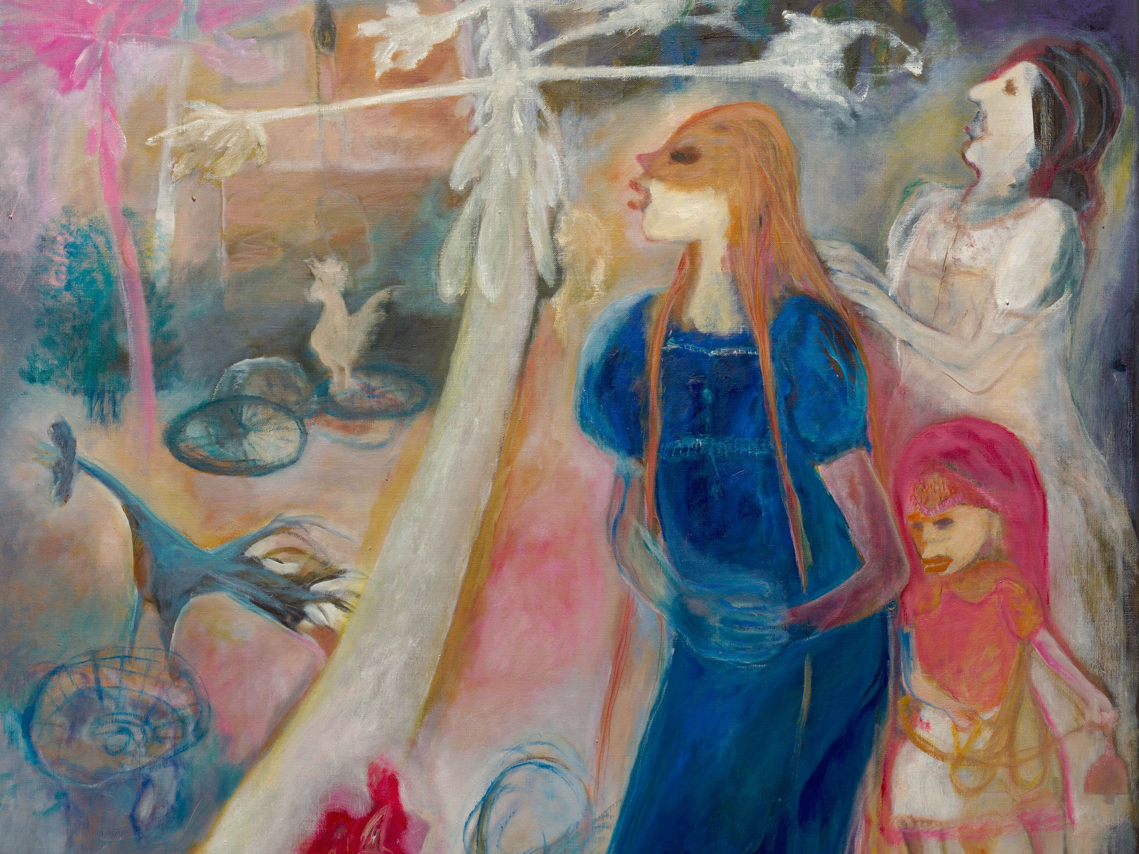 A detail from a painting by Sosa Joseph, titled The rooster’s crows gave her nausea, dated 2025.