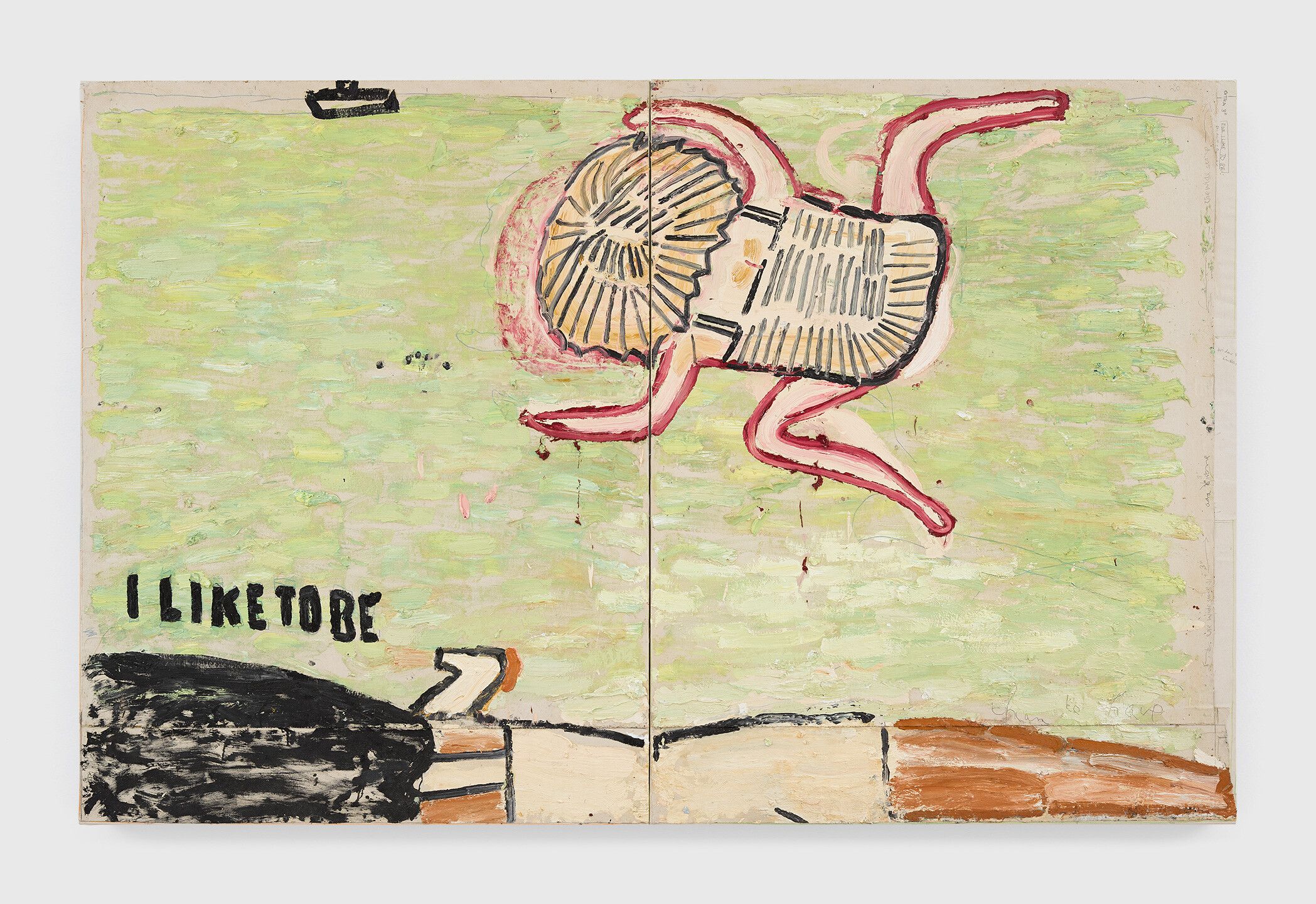 An oil painting on canvas in two parts by Rose Wylie, titled I Like To Be, dated 2020.