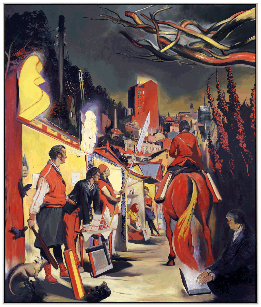 An oil painting on canvas by Neo Rauch, titled Abendmesse, dated 2012.